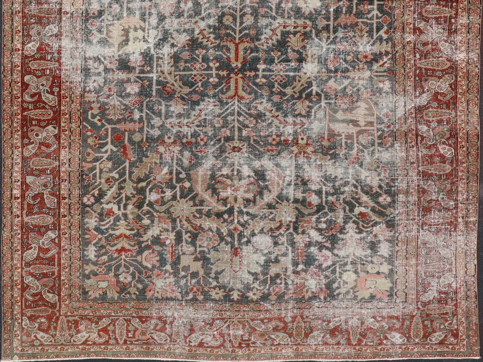 Persian Antique Heriz Rug with All-Over Geometric Design in Gray-Blue and Red  For Sale 4