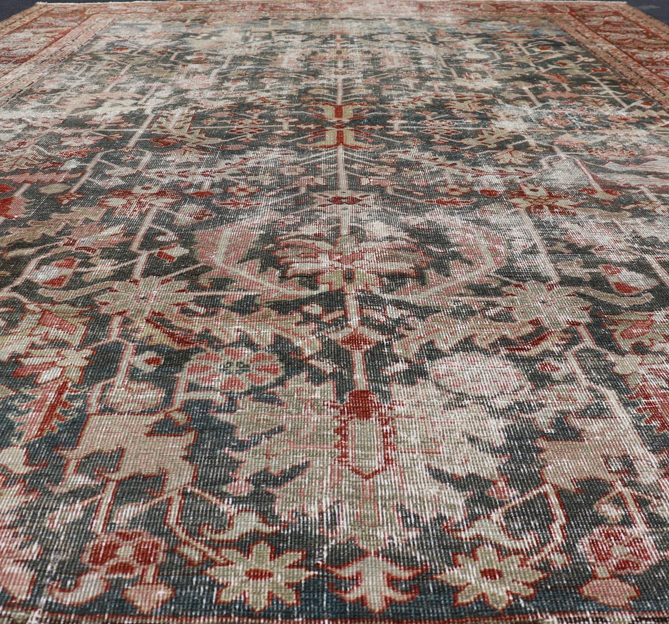 Heriz Serapi Persian Antique Heriz Rug with All-Over Geometric Design in Gray-Blue and Red  For Sale