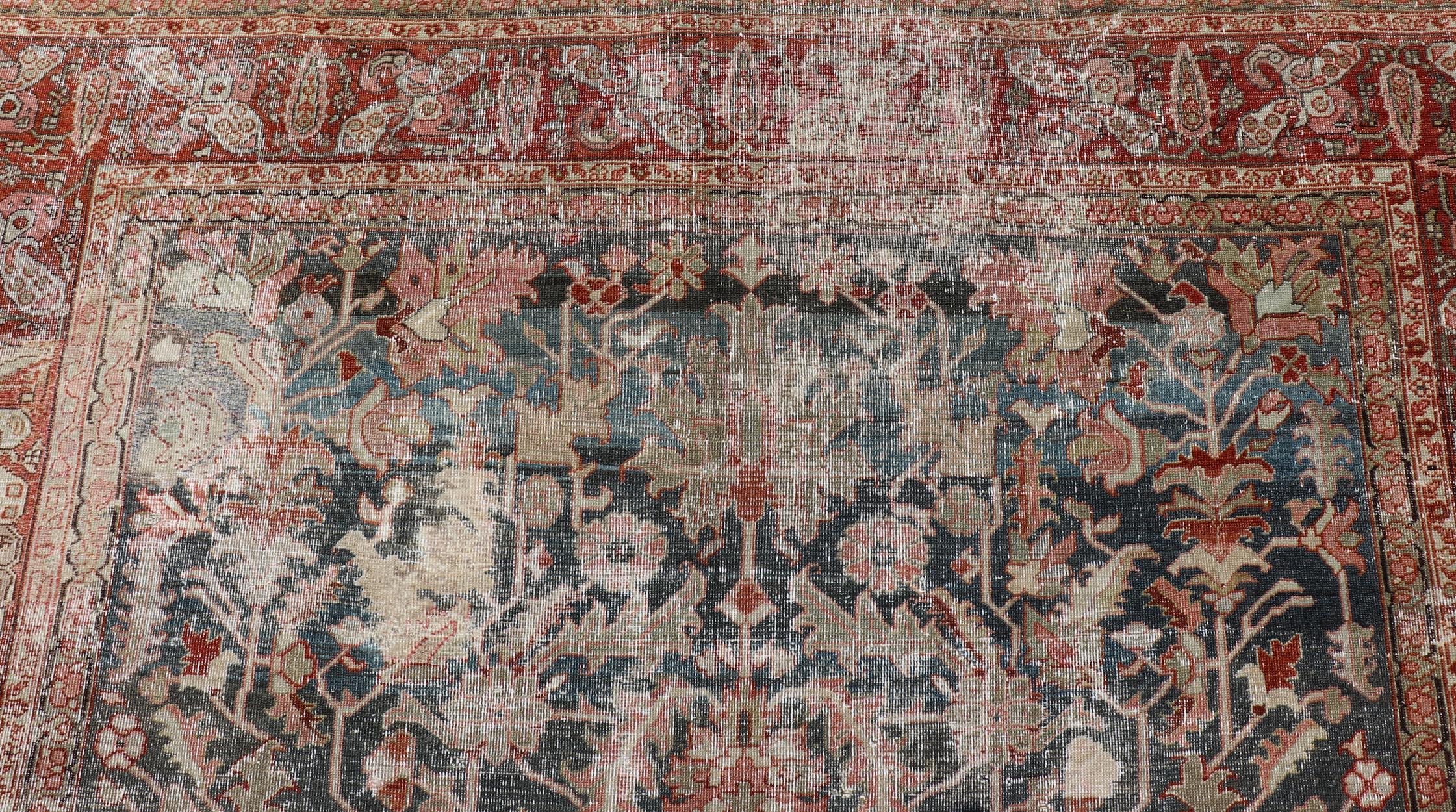 Persian Antique Heriz Rug with All-Over Geometric Design in Gray-Blue and Red  In Fair Condition For Sale In Atlanta, GA