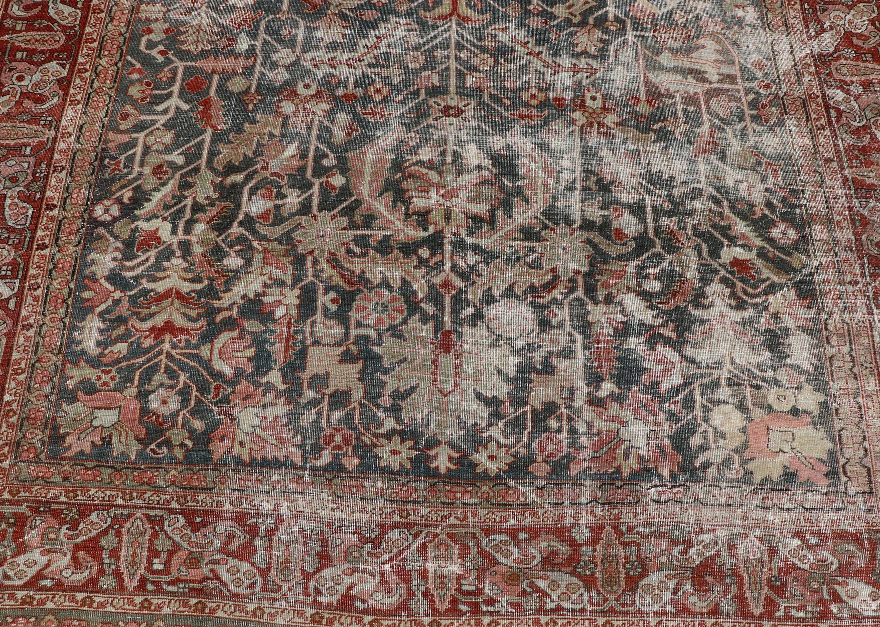 Persian Antique Heriz Rug with All-Over Geometric Design in Gray-Blue and Red  For Sale 1
