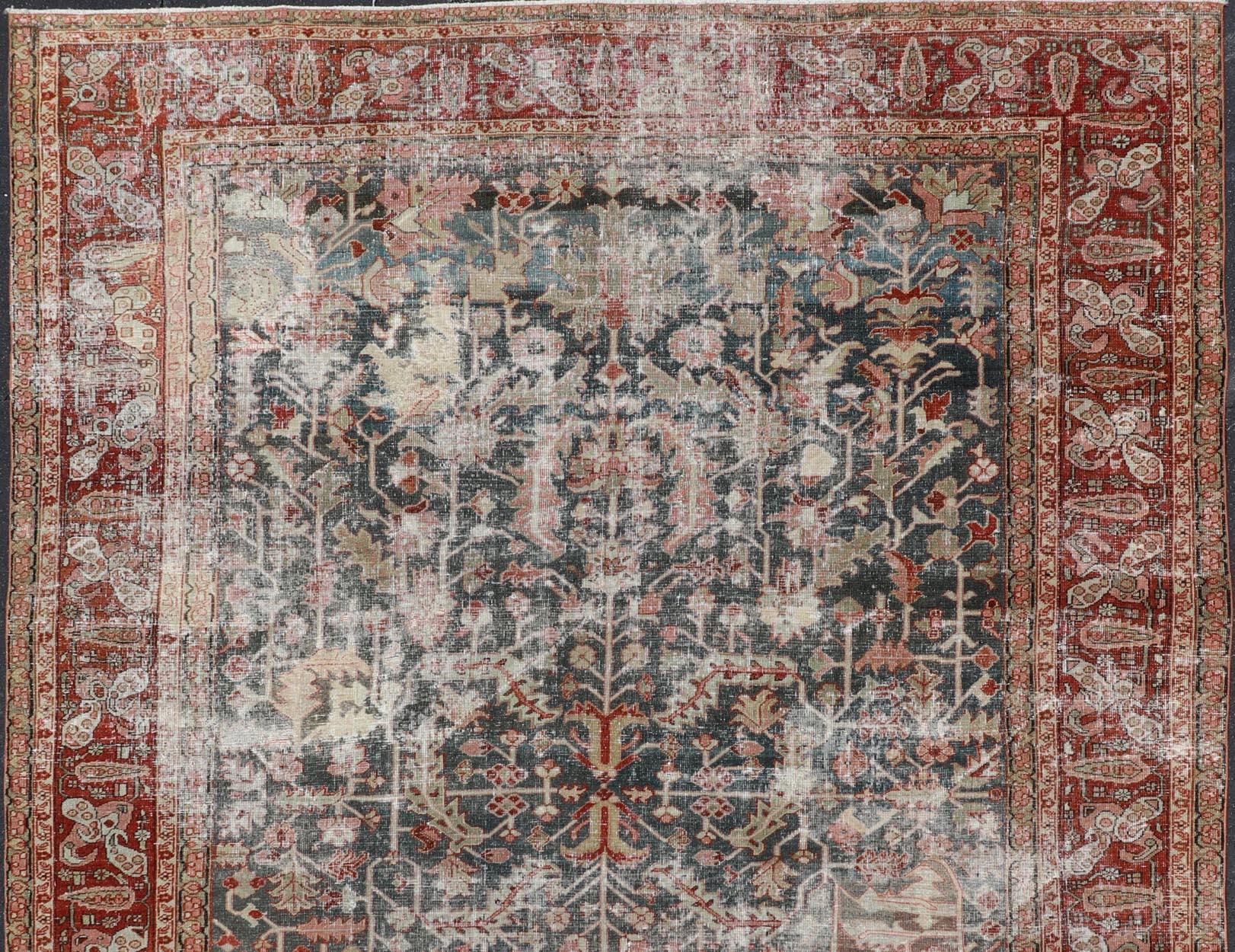 Persian Antique Heriz Rug with All-Over Geometric Design in Gray-Blue and Red  For Sale 2