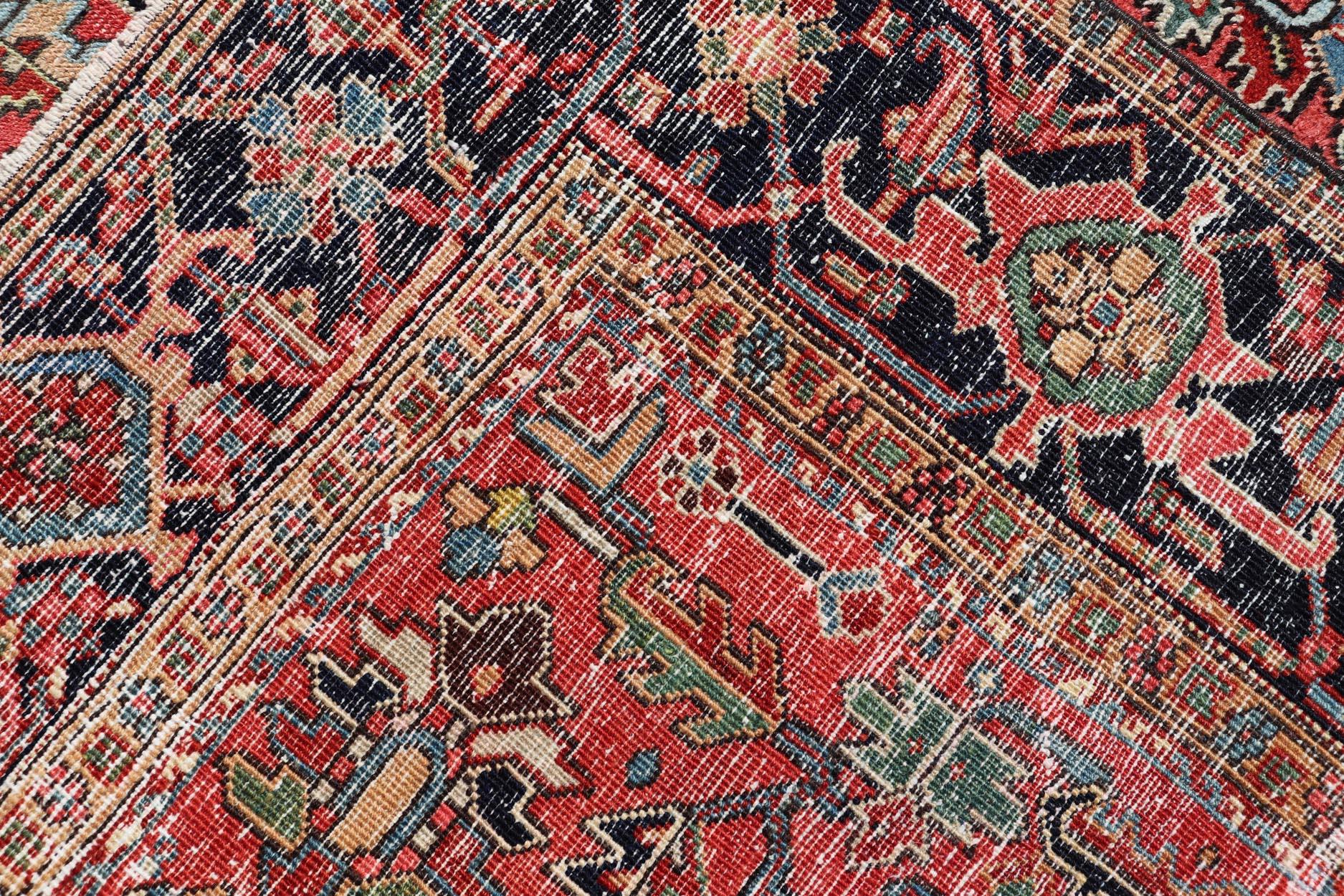 Persian Antique Heriz Rug with All-Over Geometric Design in Jewel Tones For Sale 7