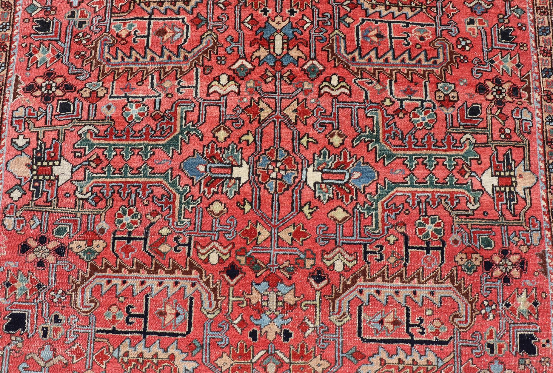 Hand-Knotted Persian Antique Heriz Rug with All-Over Geometric Design in Jewel Tones For Sale