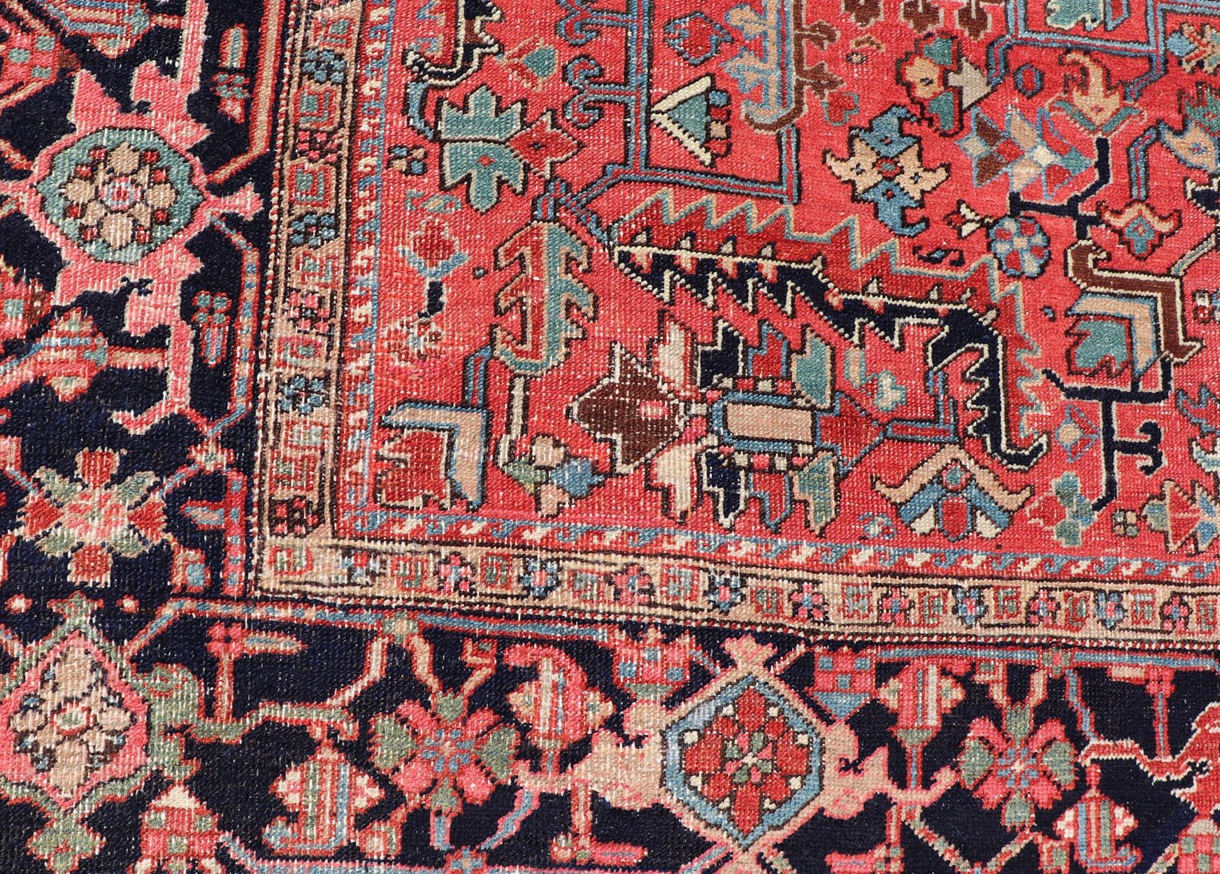 Wool Persian Antique Heriz Rug with All-Over Geometric Design in Jewel Tones For Sale