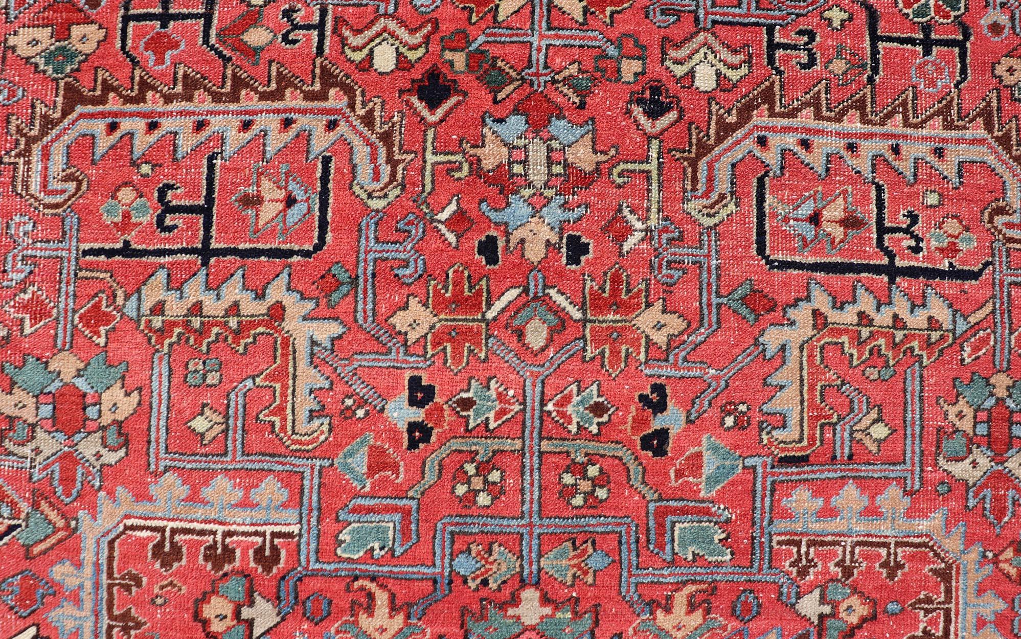 Persian Antique Heriz Rug with All-Over Geometric Design in Jewel Tones For Sale 2