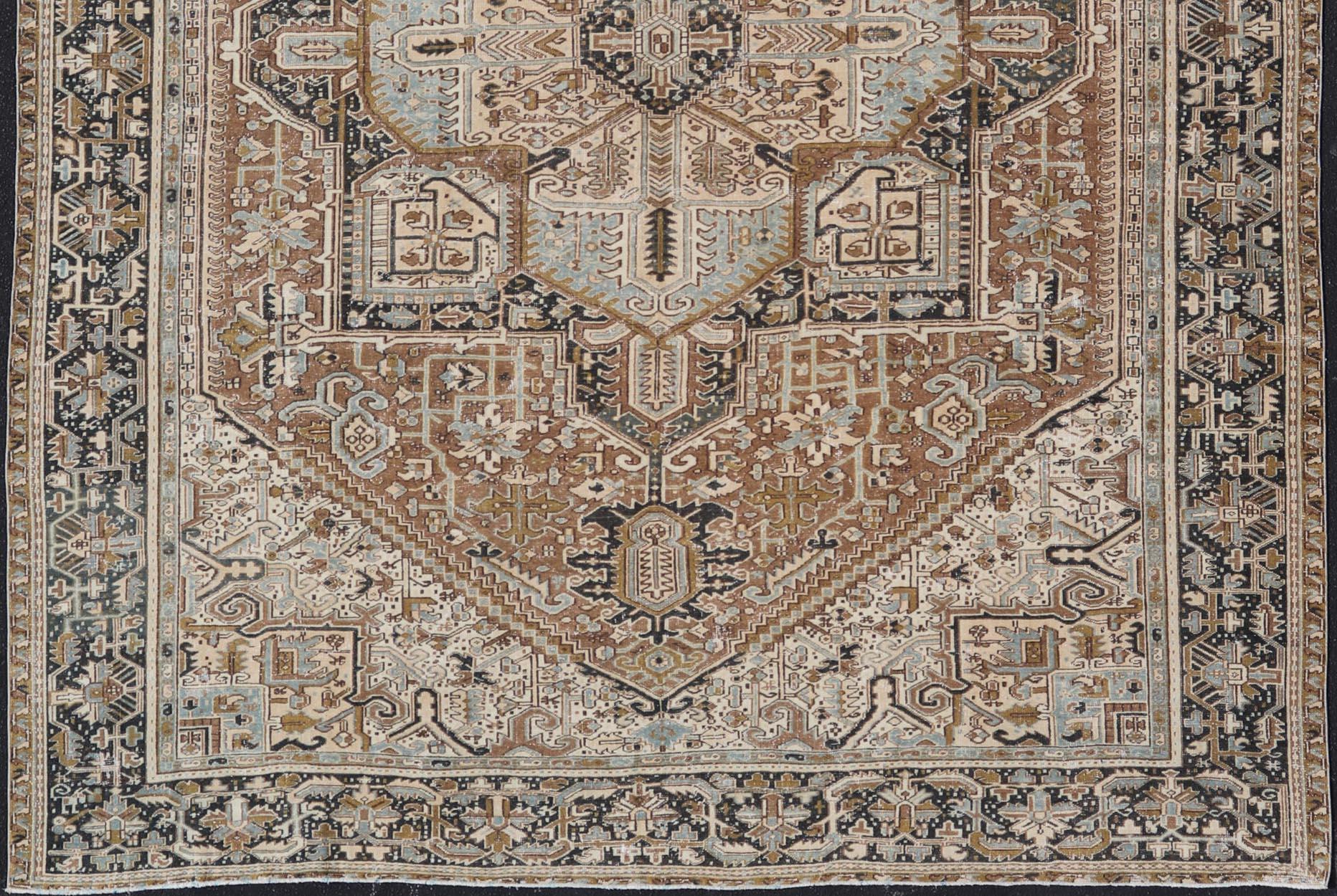 Persian Antique Heriz Rug with Geometric Design in Blue's, Tan, Cream, and Brown For Sale 4