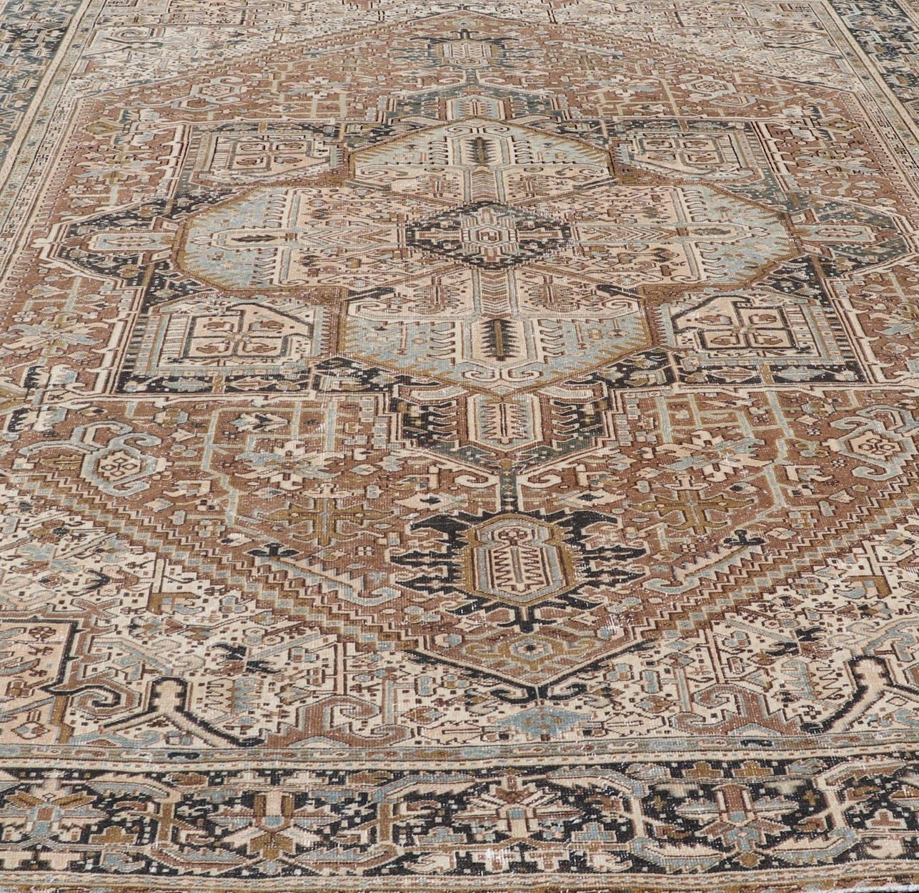 Persian Antique Heriz Rug with Geometric Design in Blue's, Tan, Cream, and Brown For Sale 5