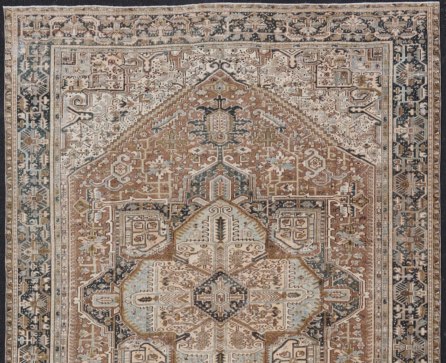 Persian Antique Heriz Rug with Geometric Design in Blue's, Tan, Cream, and Brown For Sale 2
