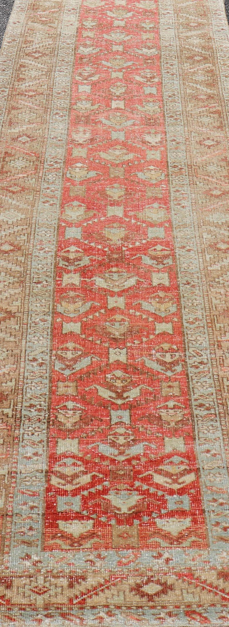 Measures: 3'0 x 11'7 
Persian Antique Heriz Runner With All-Over Geometric Design On A Red Field. Antique Heriz Runner, rug TU-MTU-4678, country of origin / type: Persian / Heriz, circa Early-20th Century.

This gorgeous antique Persian Heriz runner