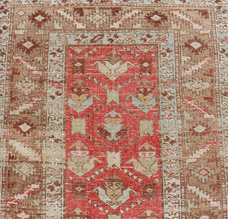 Hand-Knotted Persian Antique Heriz Runner With All-Over Geometric Design On A Red Field  For Sale