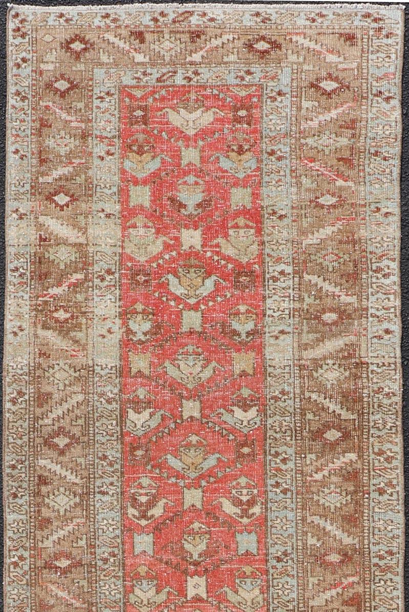 Wool Persian Antique Heriz Runner With All-Over Geometric Design On A Red Field  For Sale