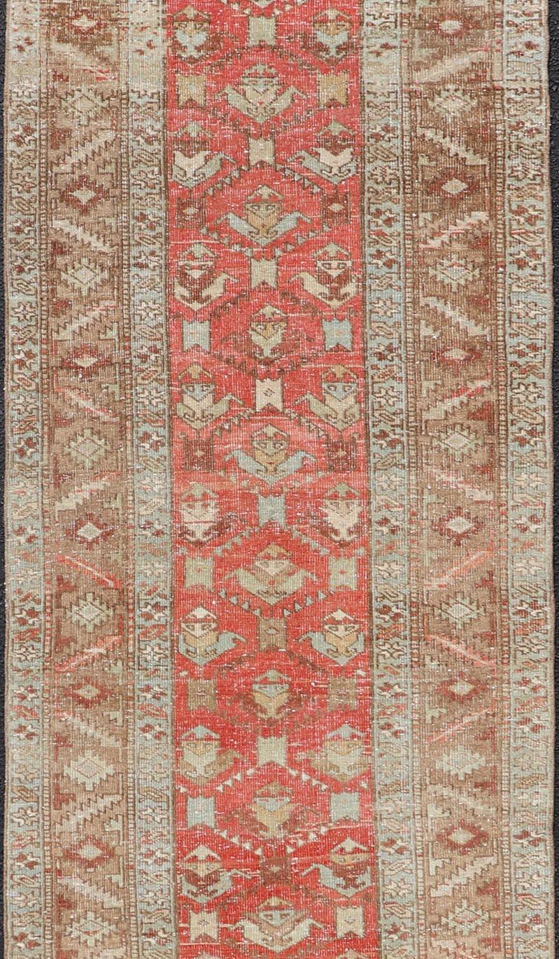 Persian Antique Heriz Runner With All-Over Geometric Design On A Red Field  For Sale 1