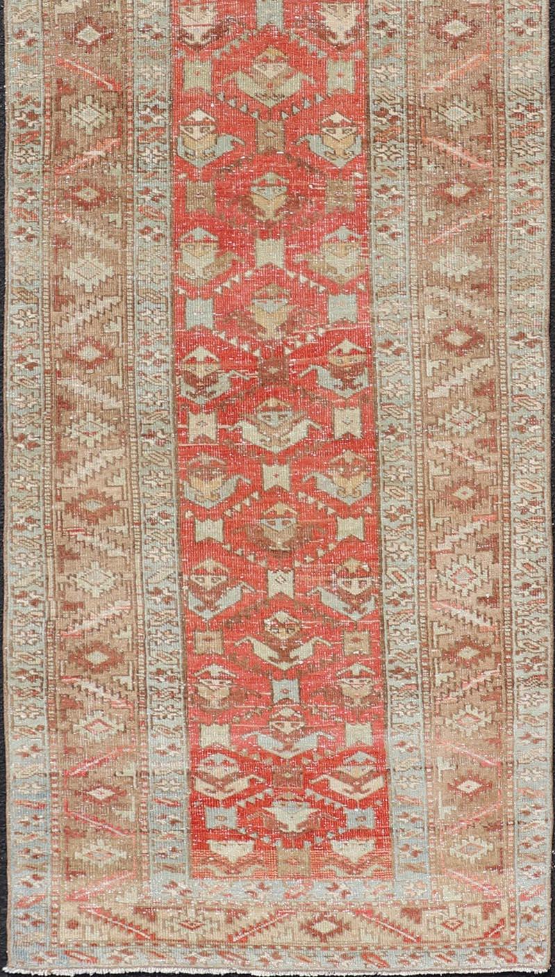 Persian Antique Heriz Runner With All-Over Geometric Design On A Red Field  For Sale 2