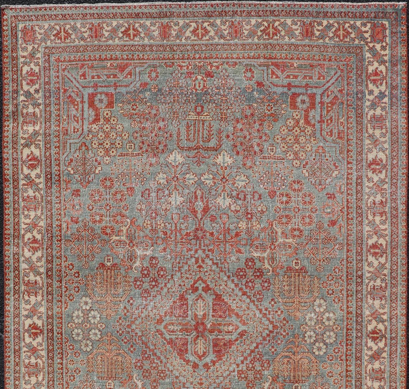 Hand-Knotted Persian Antique Joshegan Rug with Geometric Medallion Design in Soft Red's For Sale