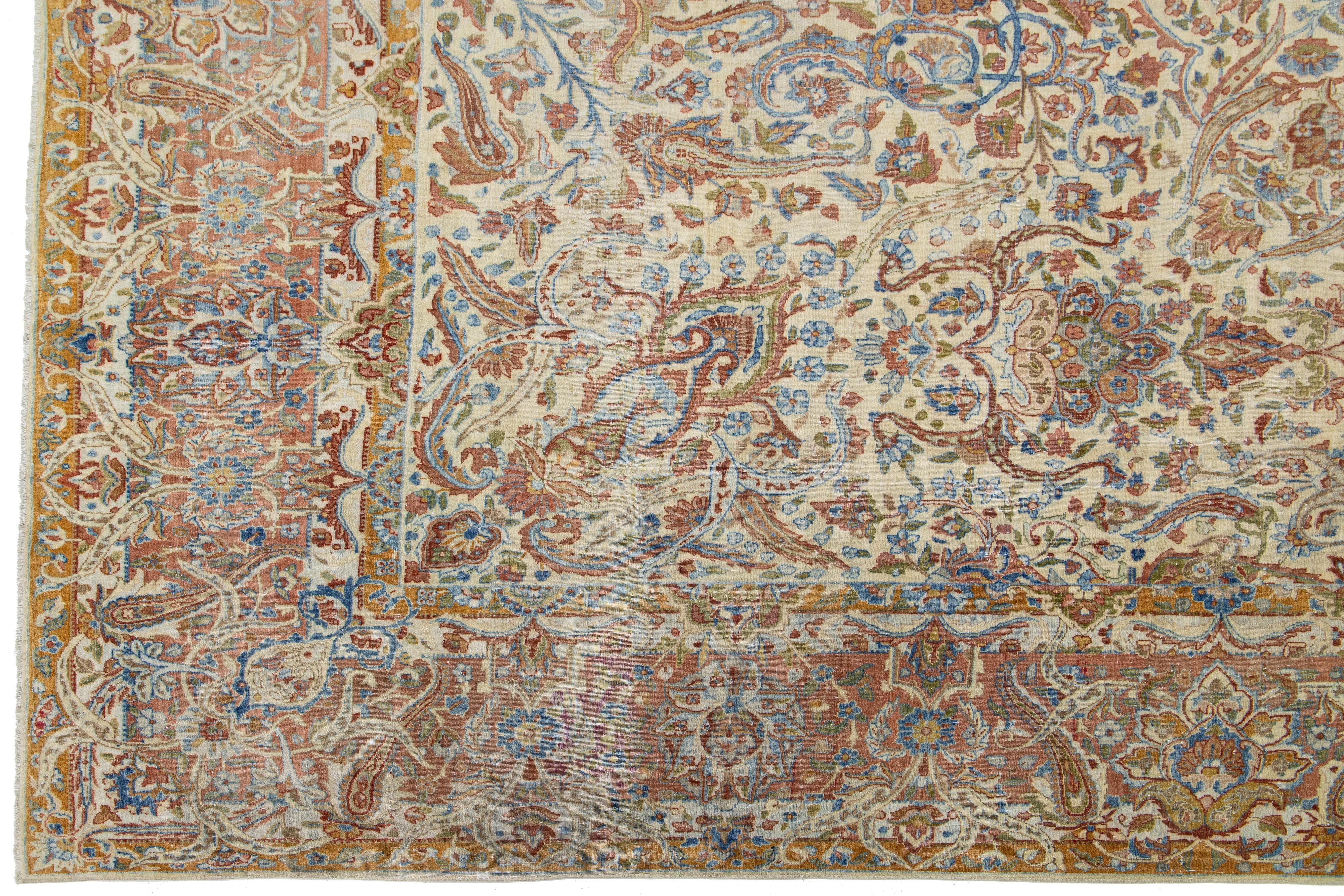 Persian Antique Kerman Handmade Wool Rug with Multicolor Floral Design In Good Condition For Sale In Norwalk, CT