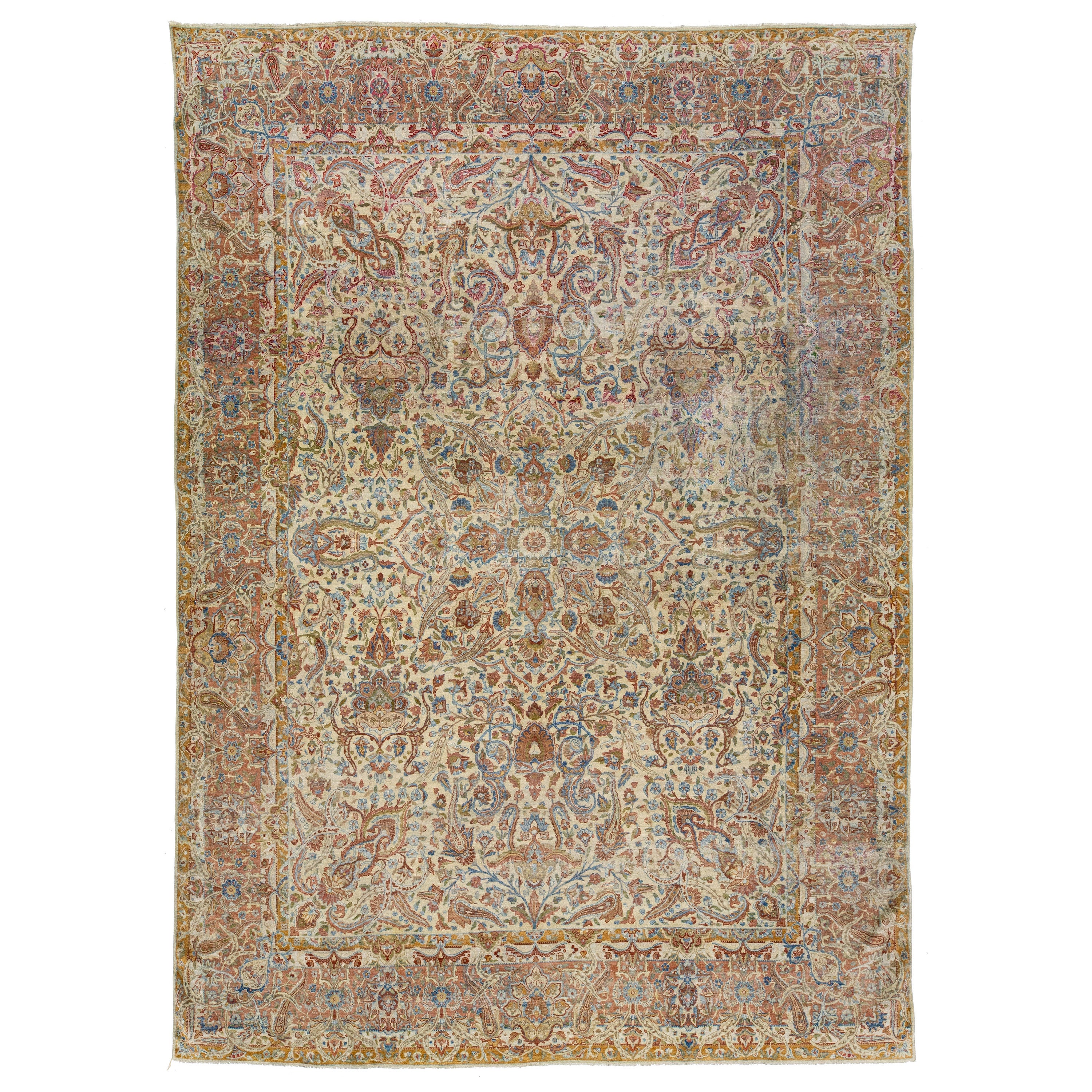 Tappeto persiano antico in lana Kerman fatto a mano con design floreale multicolore
