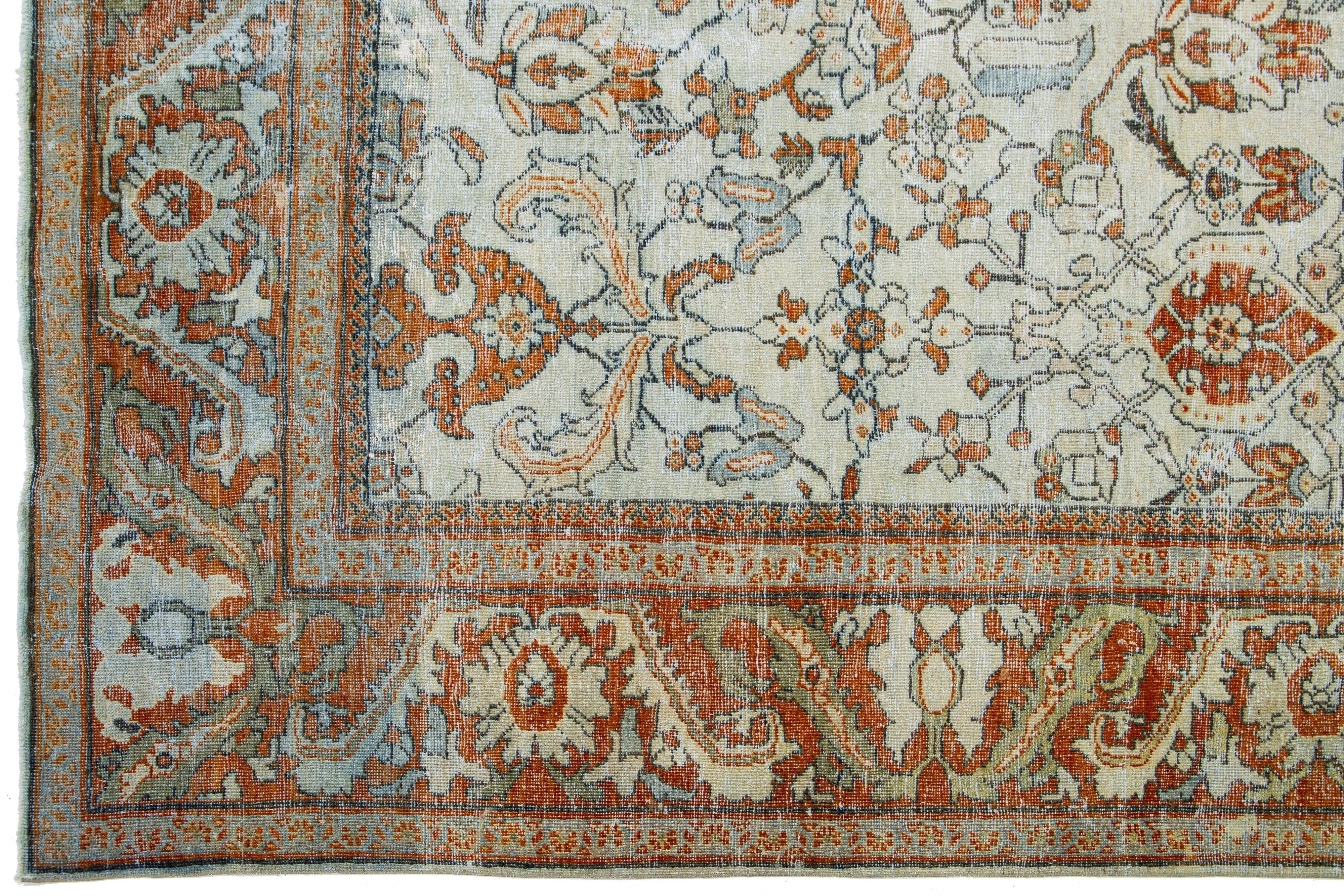 Persian Antique Mahal Beige And Orange Wool Rug with Allover Pattern For Sale 1