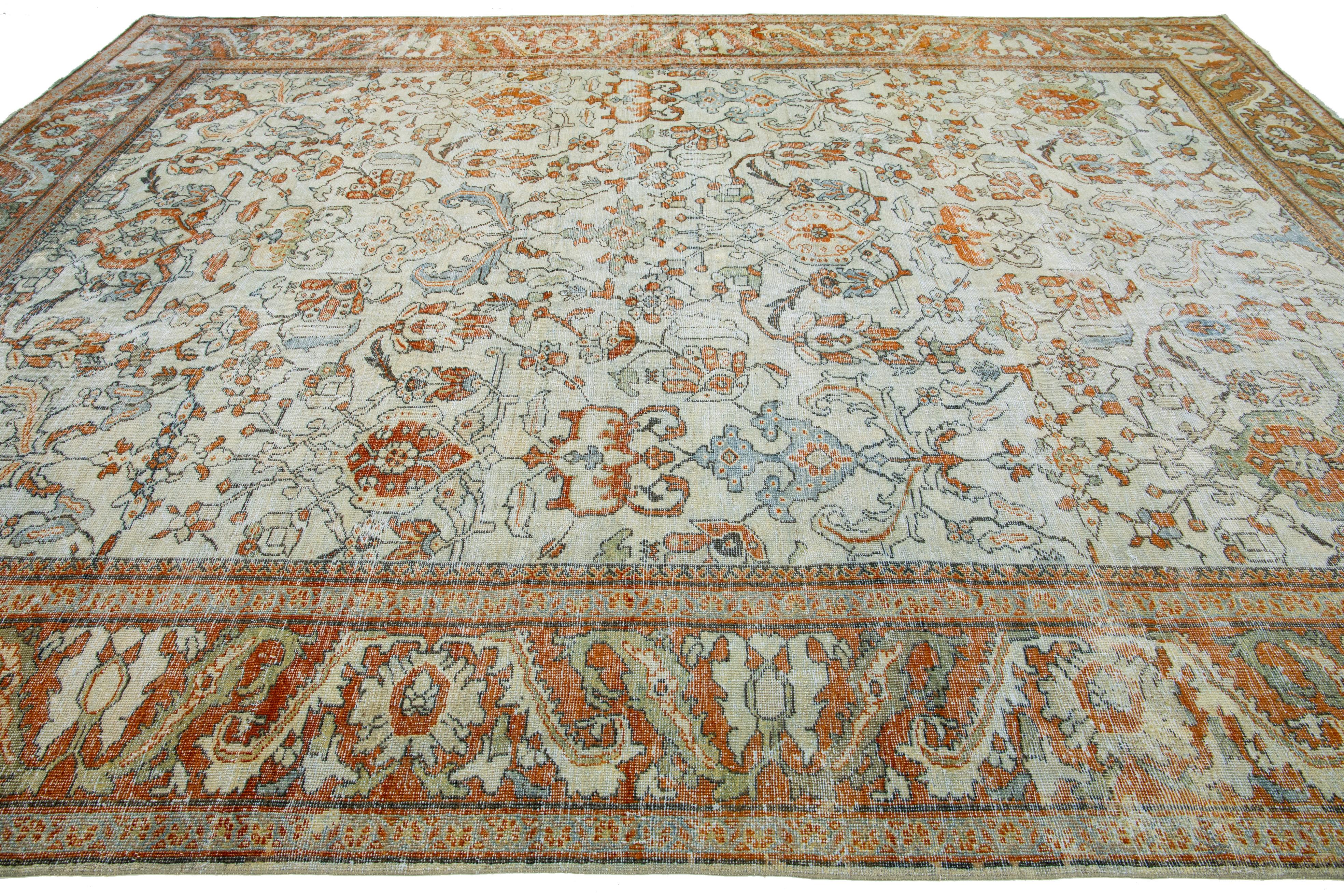 Persian Antique Mahal Beige And Orange Wool Rug with Allover Pattern For Sale 2