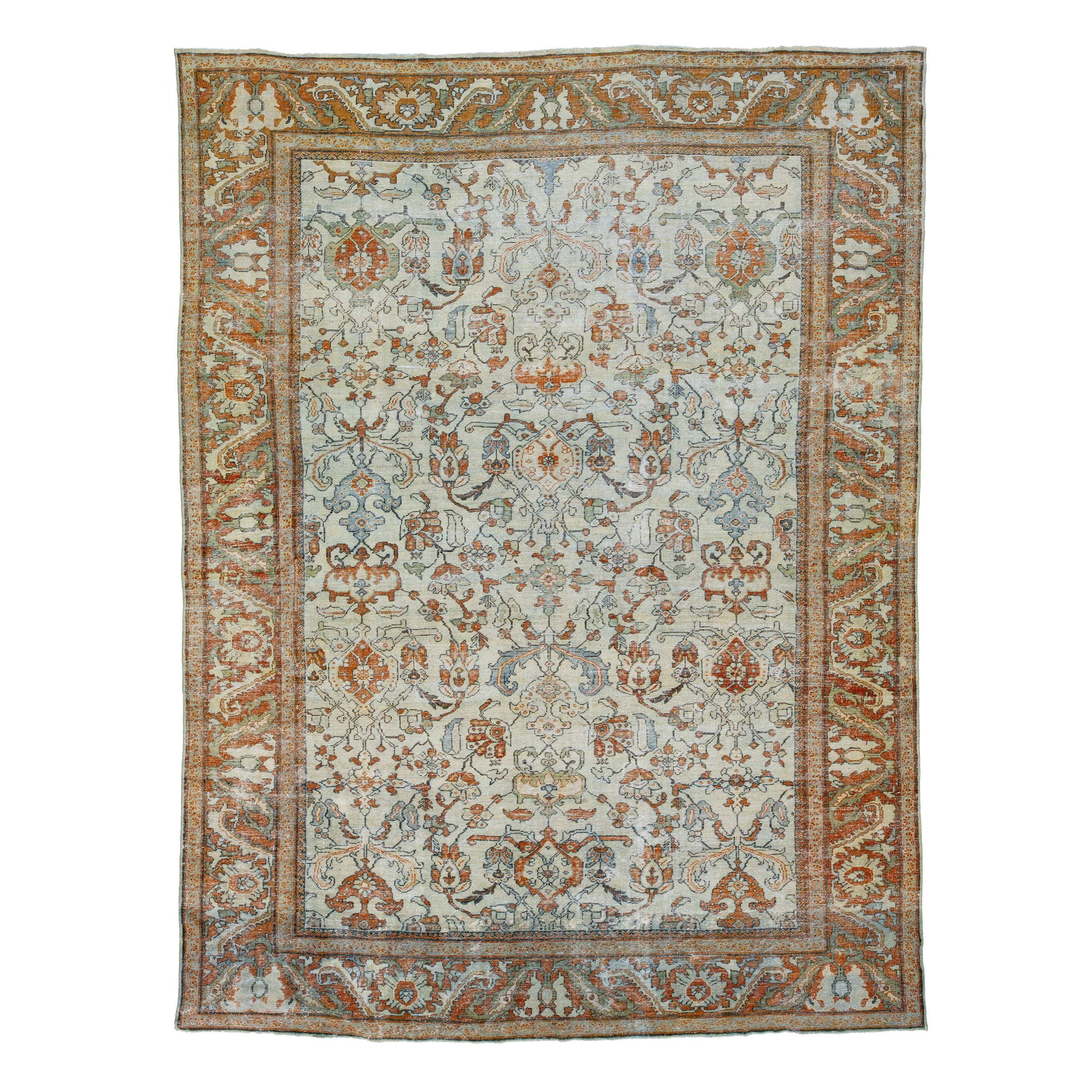 Tapis persan ancien Mahal en laine beige et orange avec motif sur toute la surface