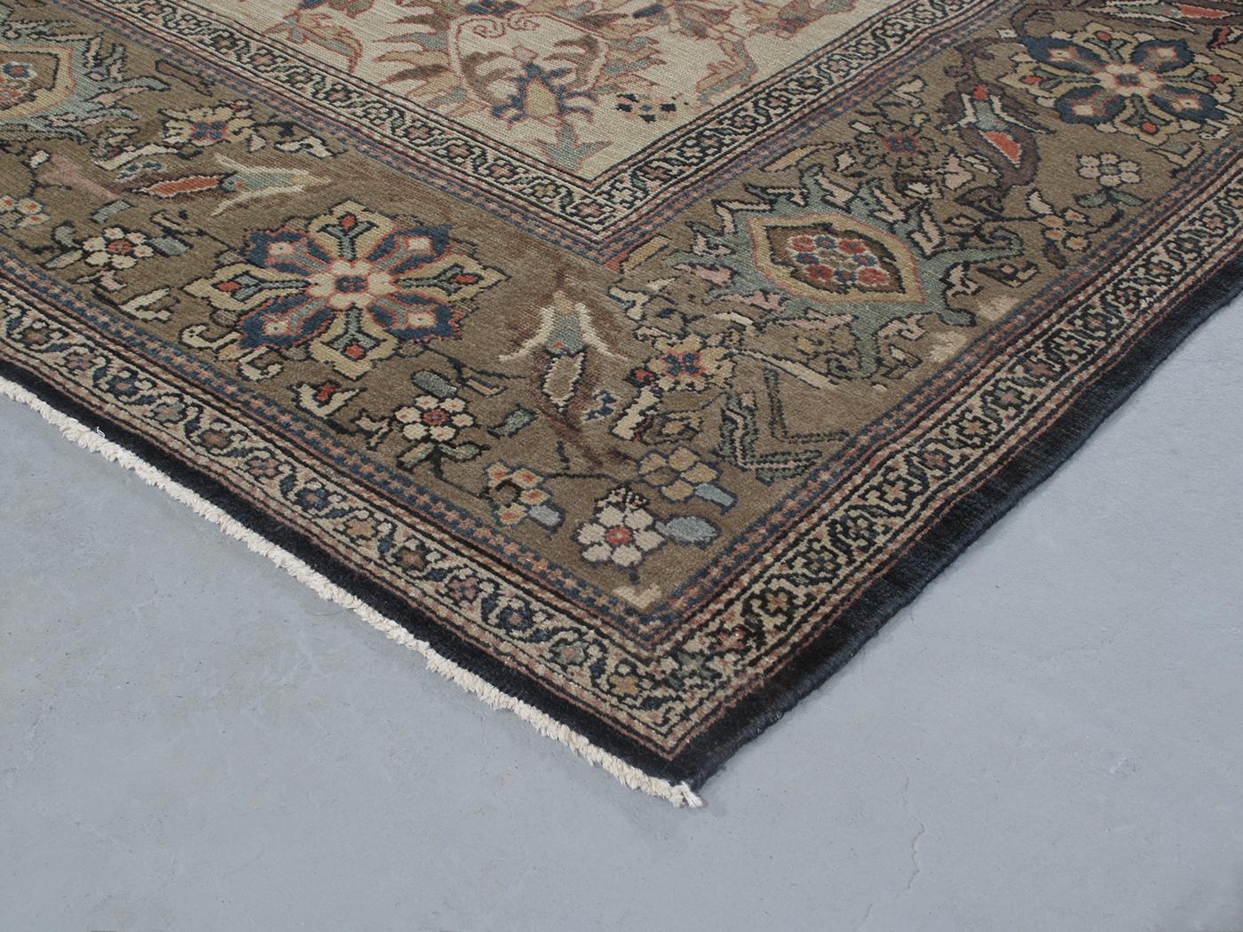 Persian Antique Malayer Hand Knotted Camel and Navy Rug In Good Condition For Sale In New York, NY