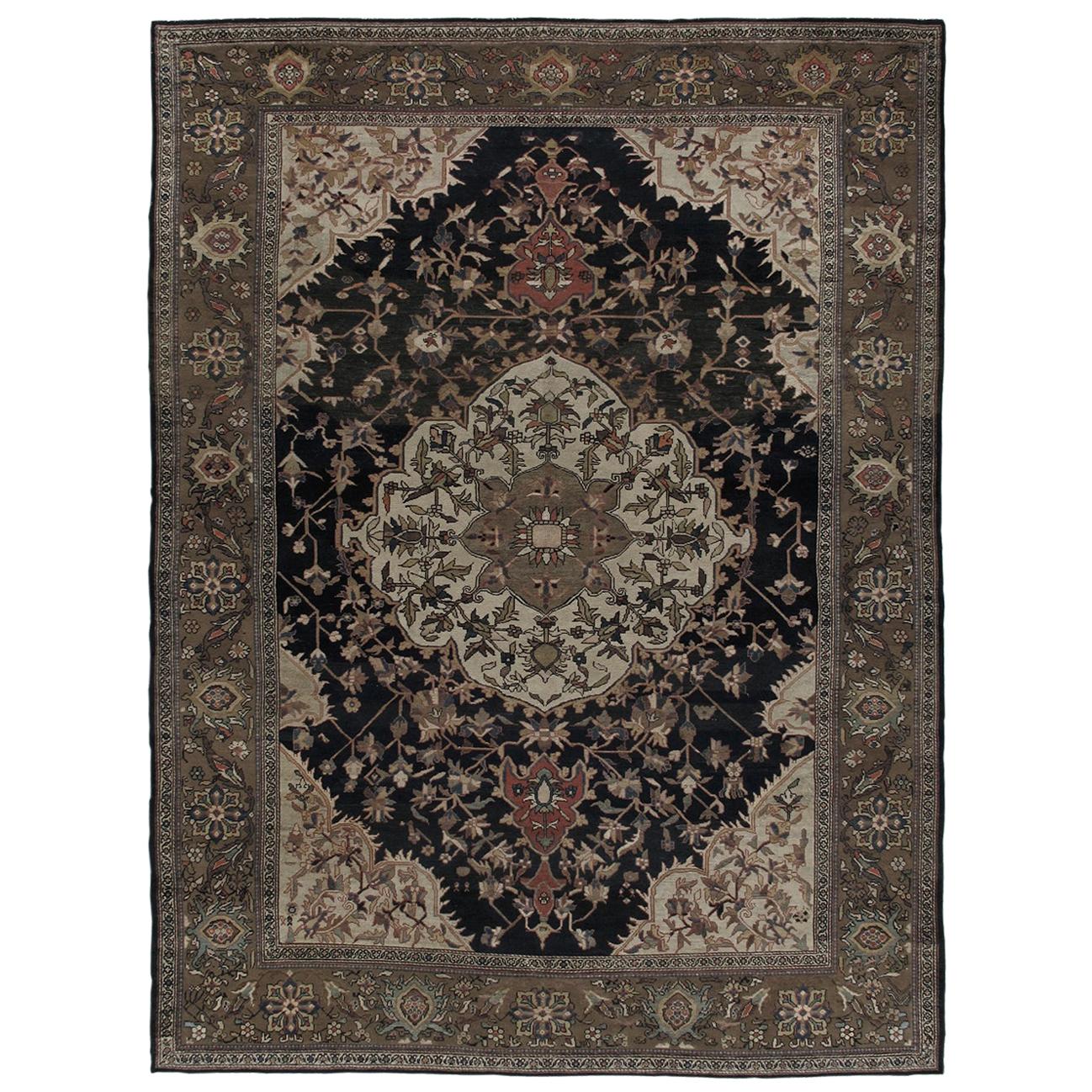 Persian Antique Malayer Hand Knotted Camel and Navy Rug For Sale