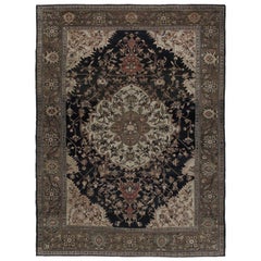 Tapis persan ancien Malayer camel et bleu marine noué à la main