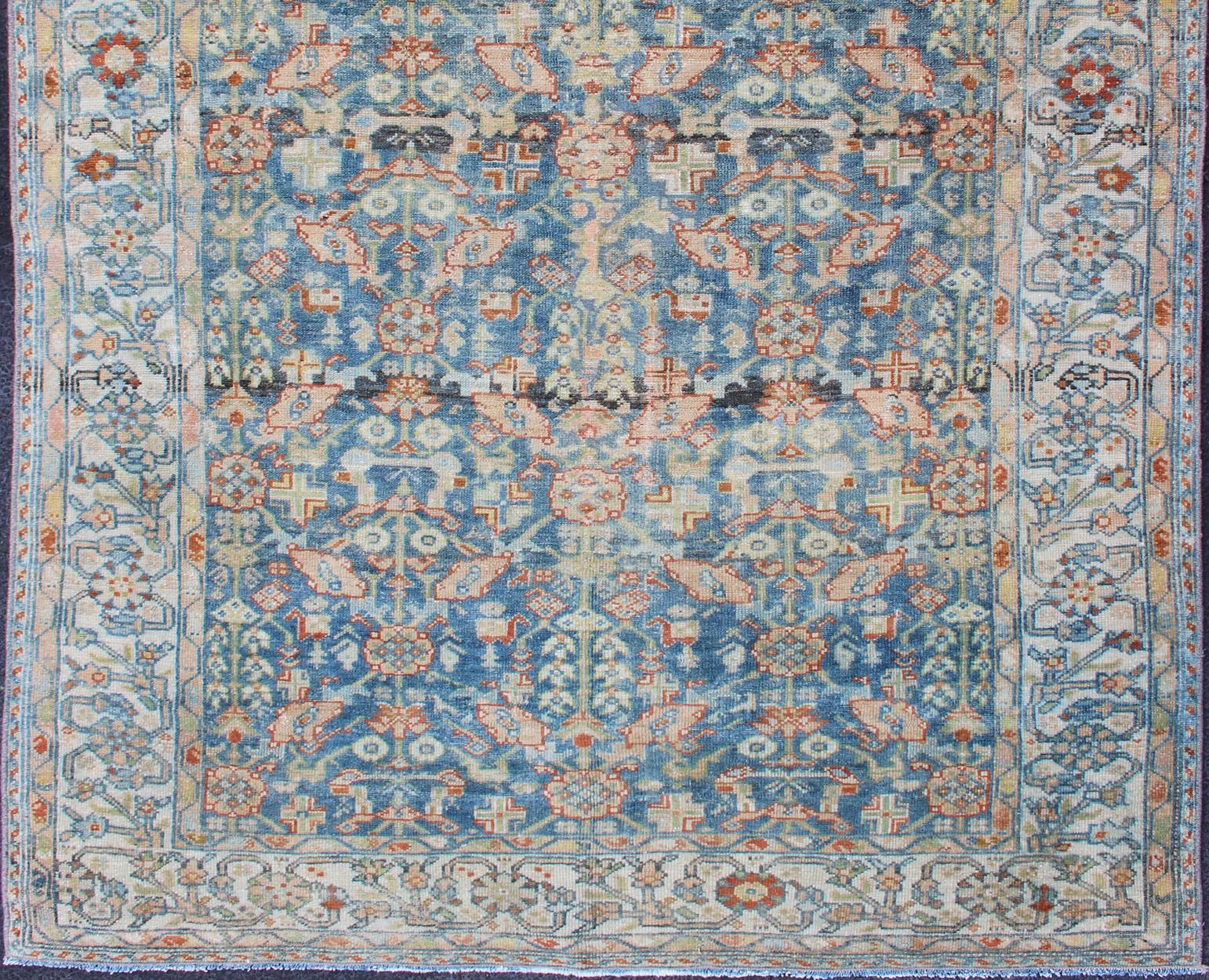 Hand-Knotted Persian Antique Malayer Rug with All-Over Design in Various Blue, Ivory & Red
