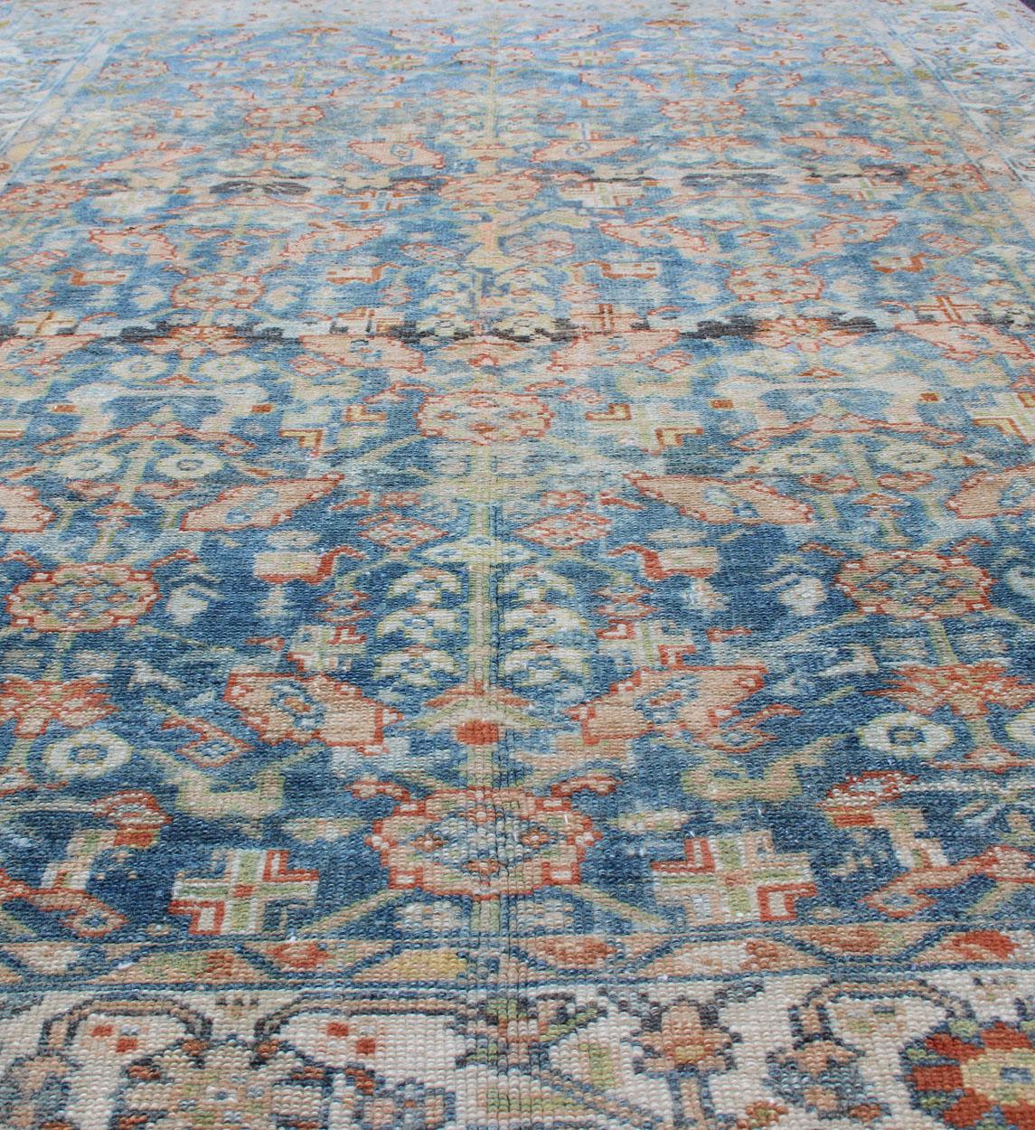 Wool Persian Antique Malayer Rug with All-Over Design in Various Blue, Ivory & Red