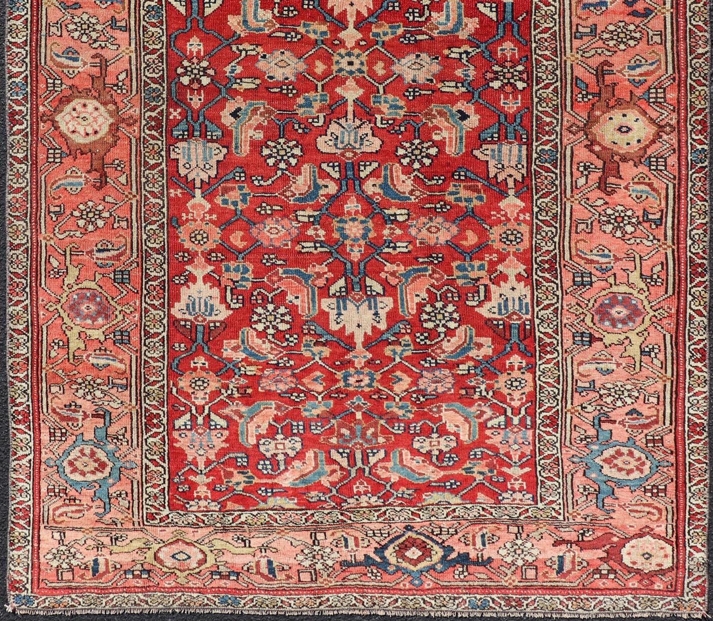 Laine Tapis persan ancien Malayer avec un motif géométrique coloré sur toute sa surface en rouge en vente
