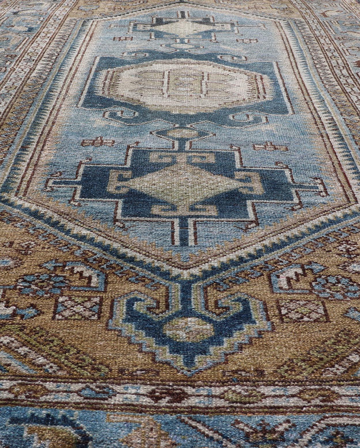 Hand-Knotted Persian Antique Malayer Rug with Geometric Design in Blue & Brown's For Sale