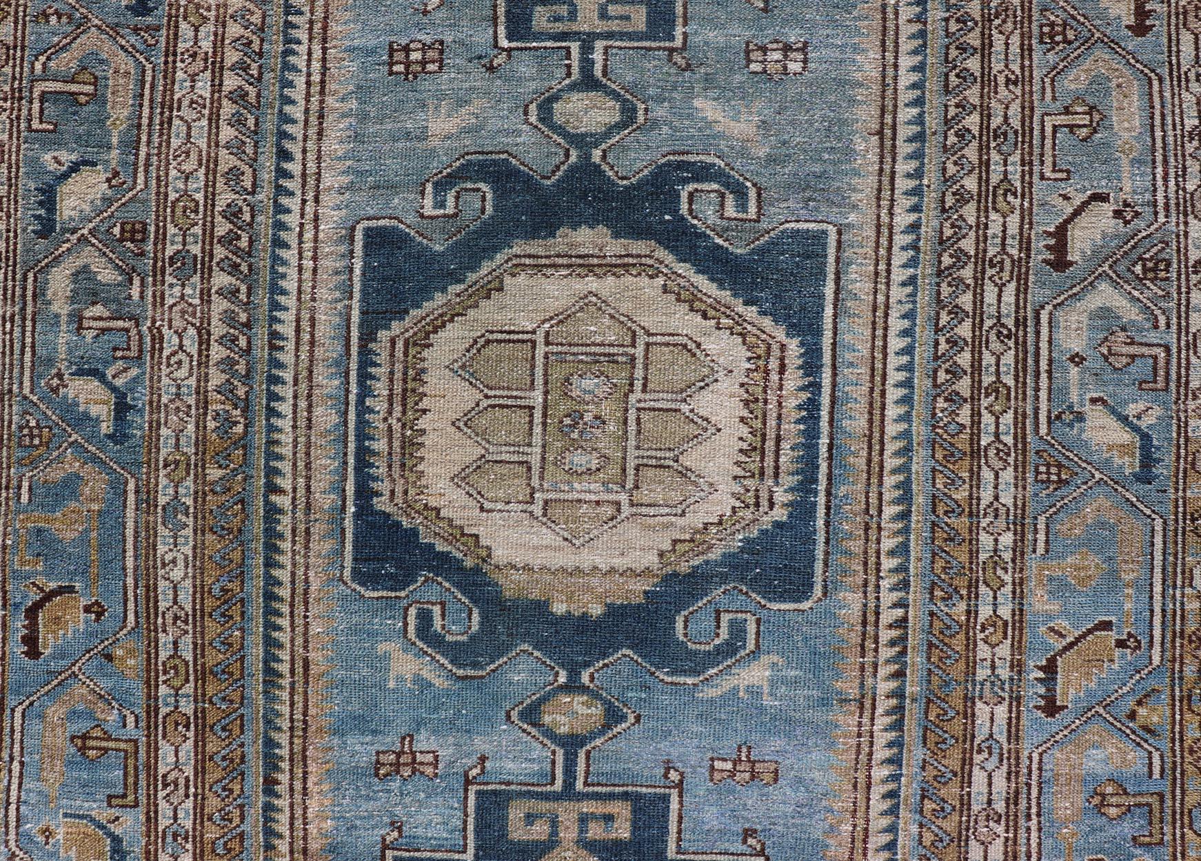 Persian Antique Malayer Rug with Geometric Design in Blue & Brown's In Good Condition For Sale In Atlanta, GA
