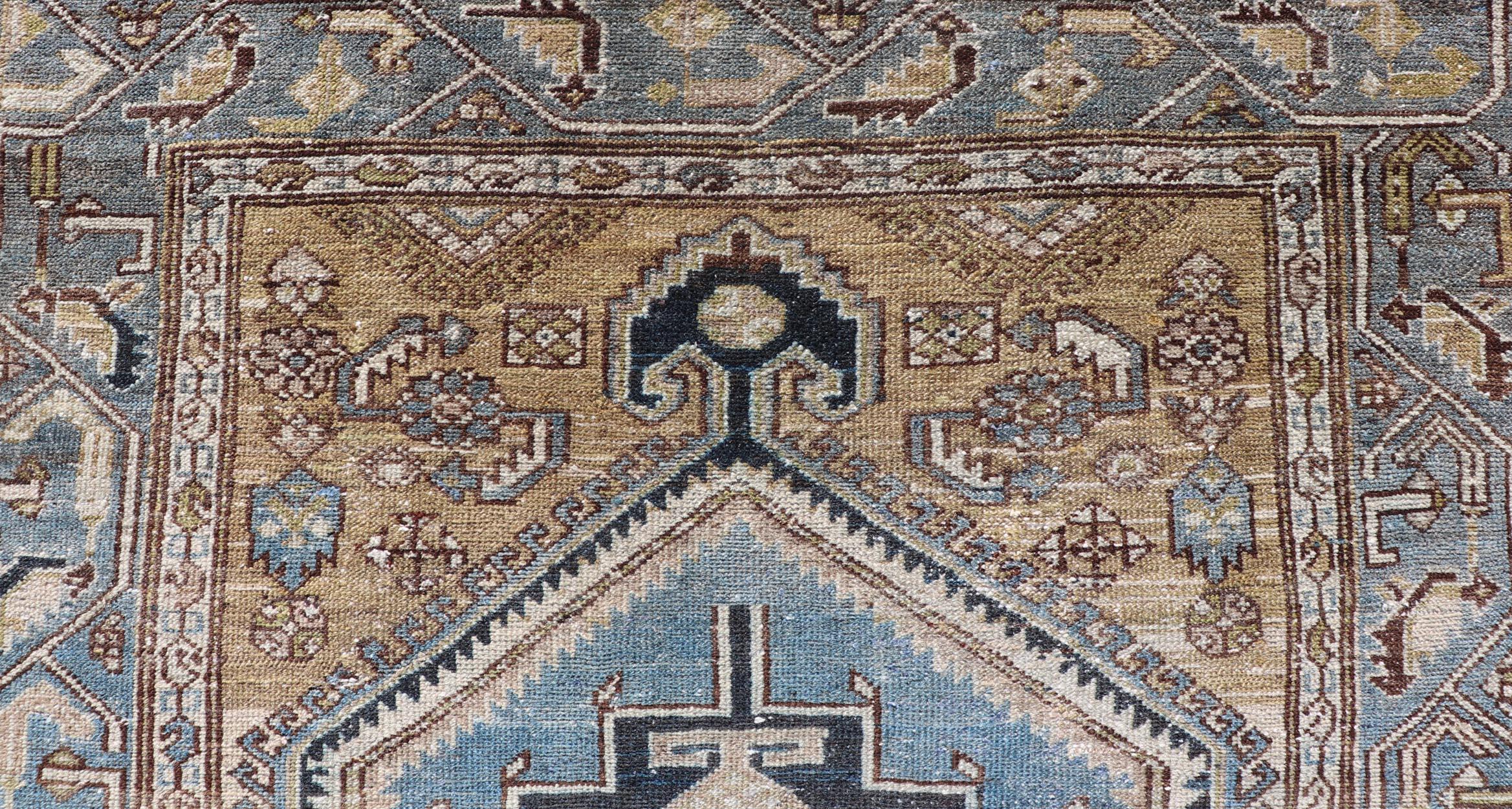 20th Century Persian Antique Malayer Rug with Geometric Design in Blue & Brown's For Sale
