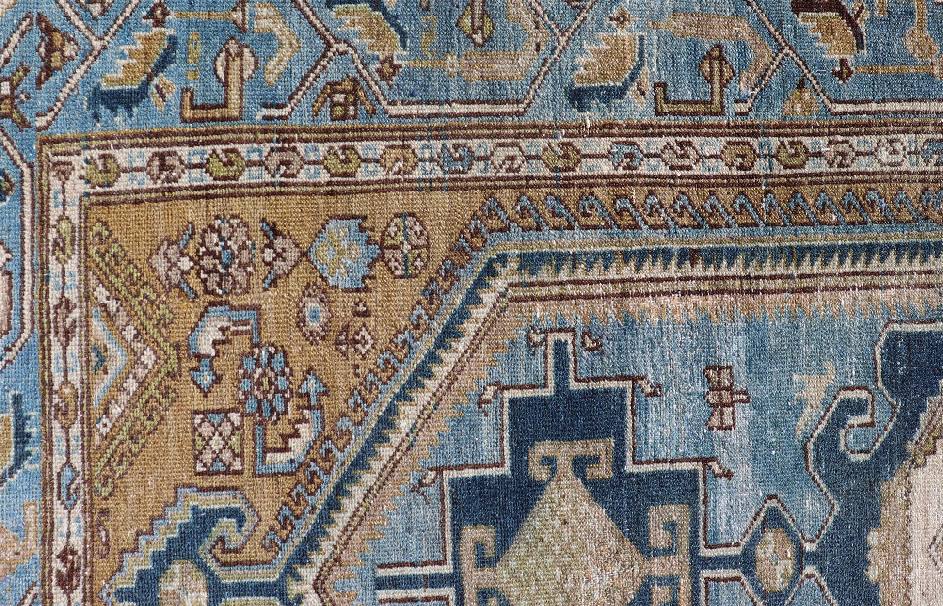 Wool Persian Antique Malayer Rug with Geometric Design in Blue & Brown's For Sale