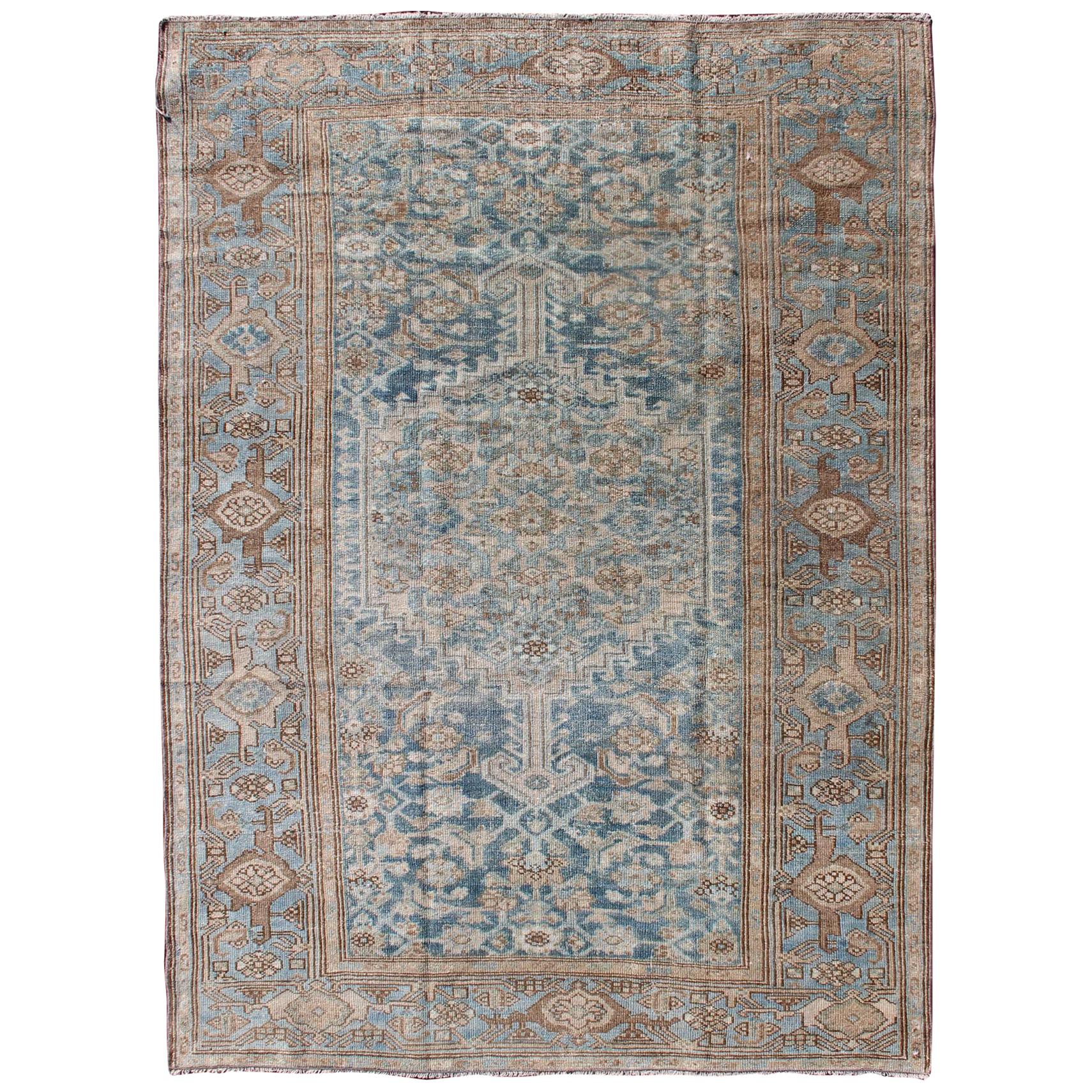 Antique Persian Malayer Rug with Floral Design in Blue and Brown Tones