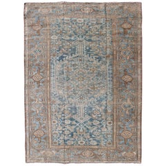 Persian Antique Malayer Rug with Geometric Design in Teal, Blue & Brown