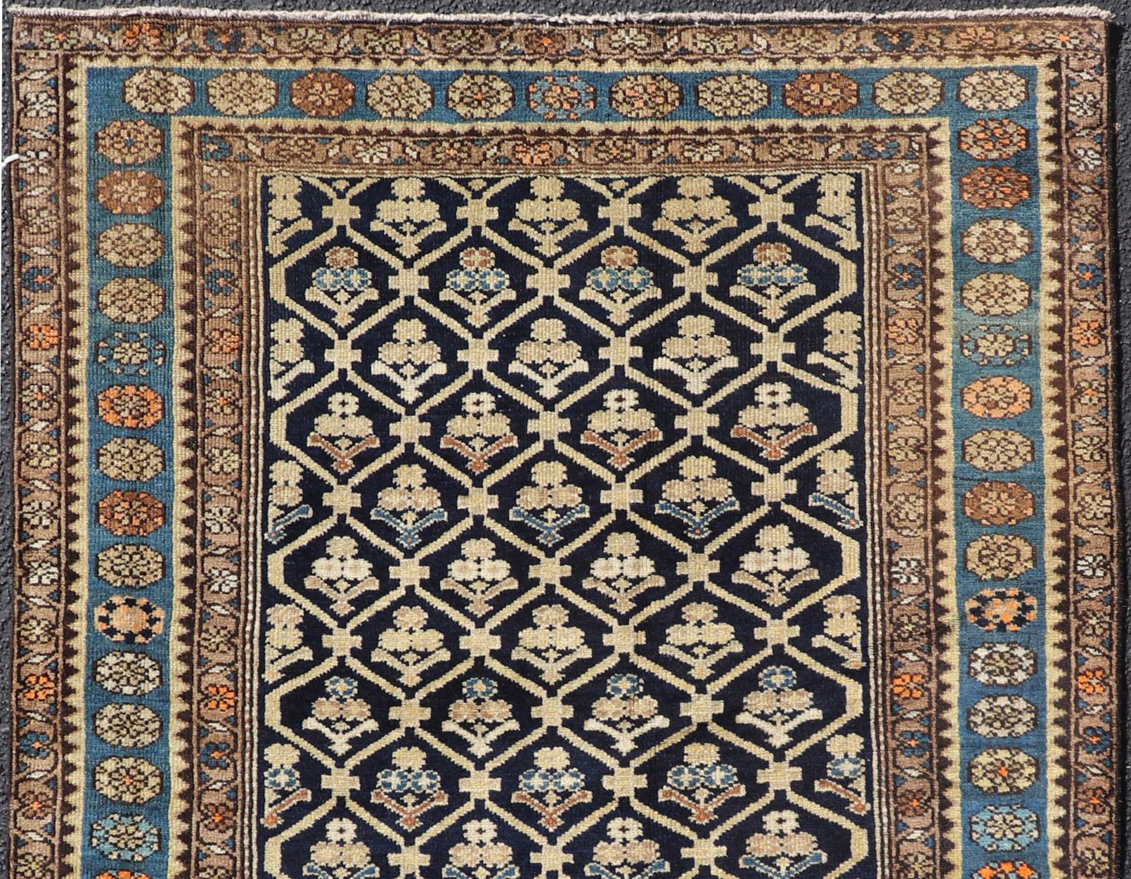 Hand-Knotted Persian Antique Malayer Rug with Layered Motifs and Geometric Design For Sale