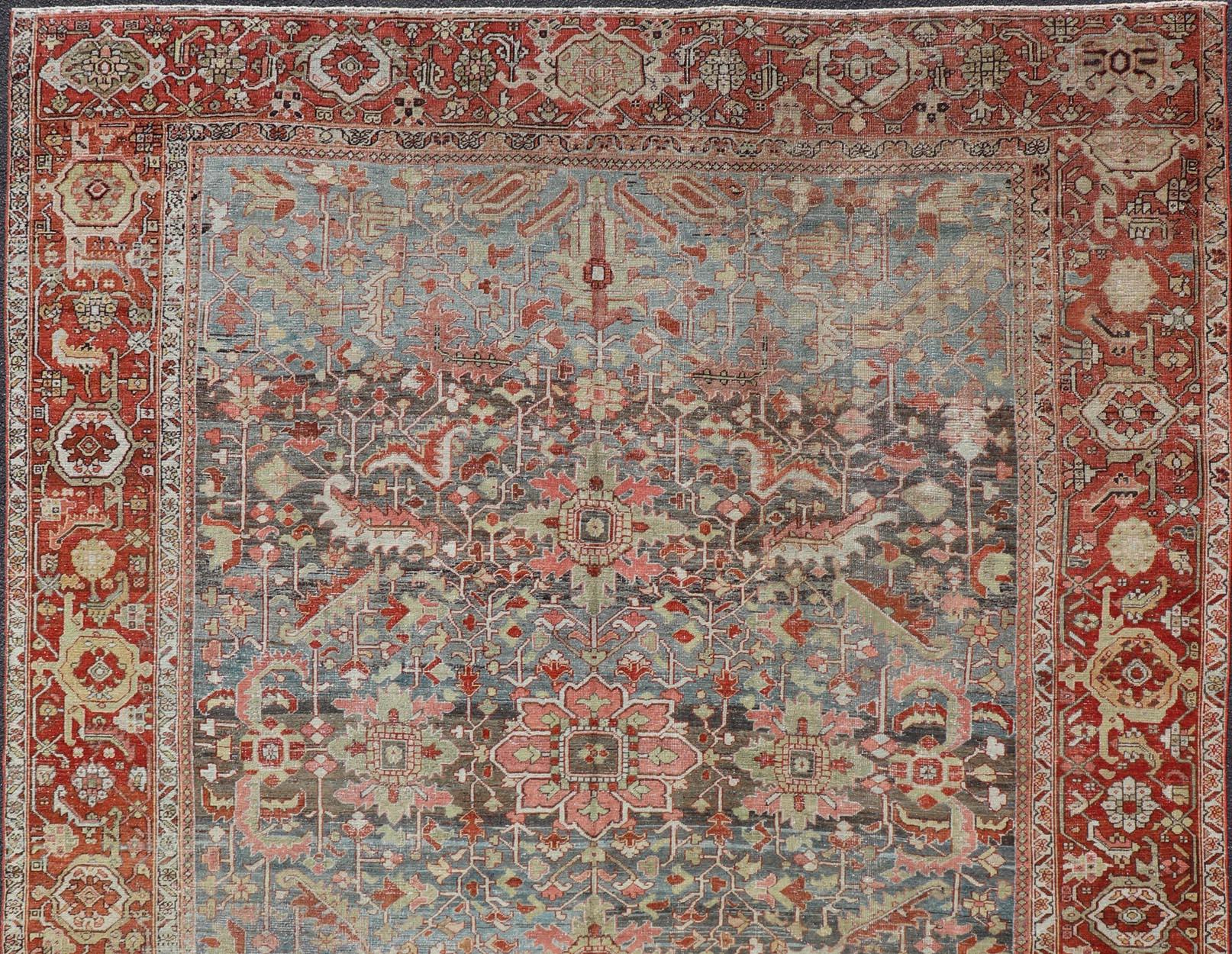 Persian Antique Serapi Rug with All-Over Geometric Design in Gray-Blue and Red  For Sale 4