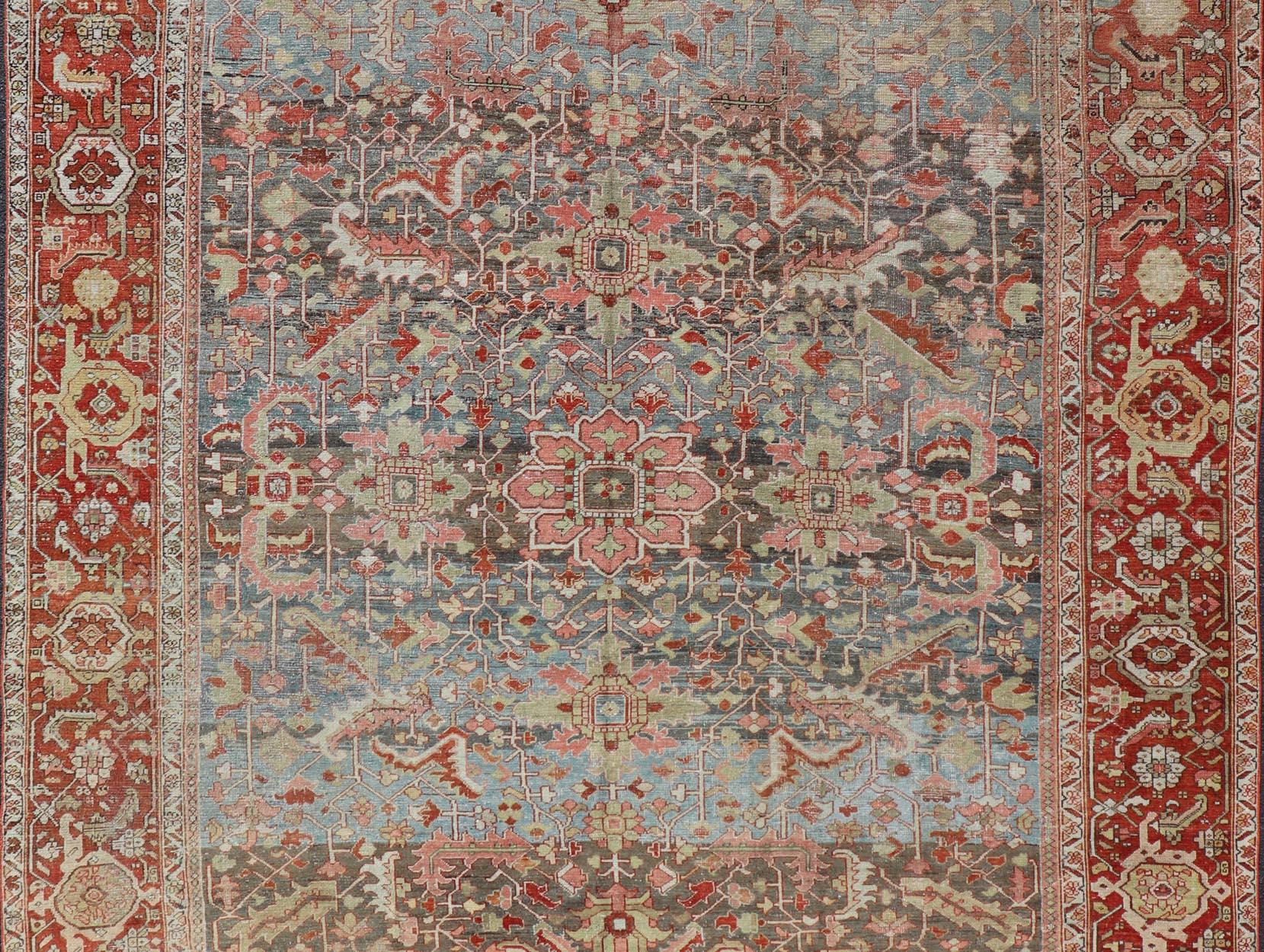 Persian Antique Serapi Rug with All-Over Geometric Design in Gray-Blue and Red  For Sale 5