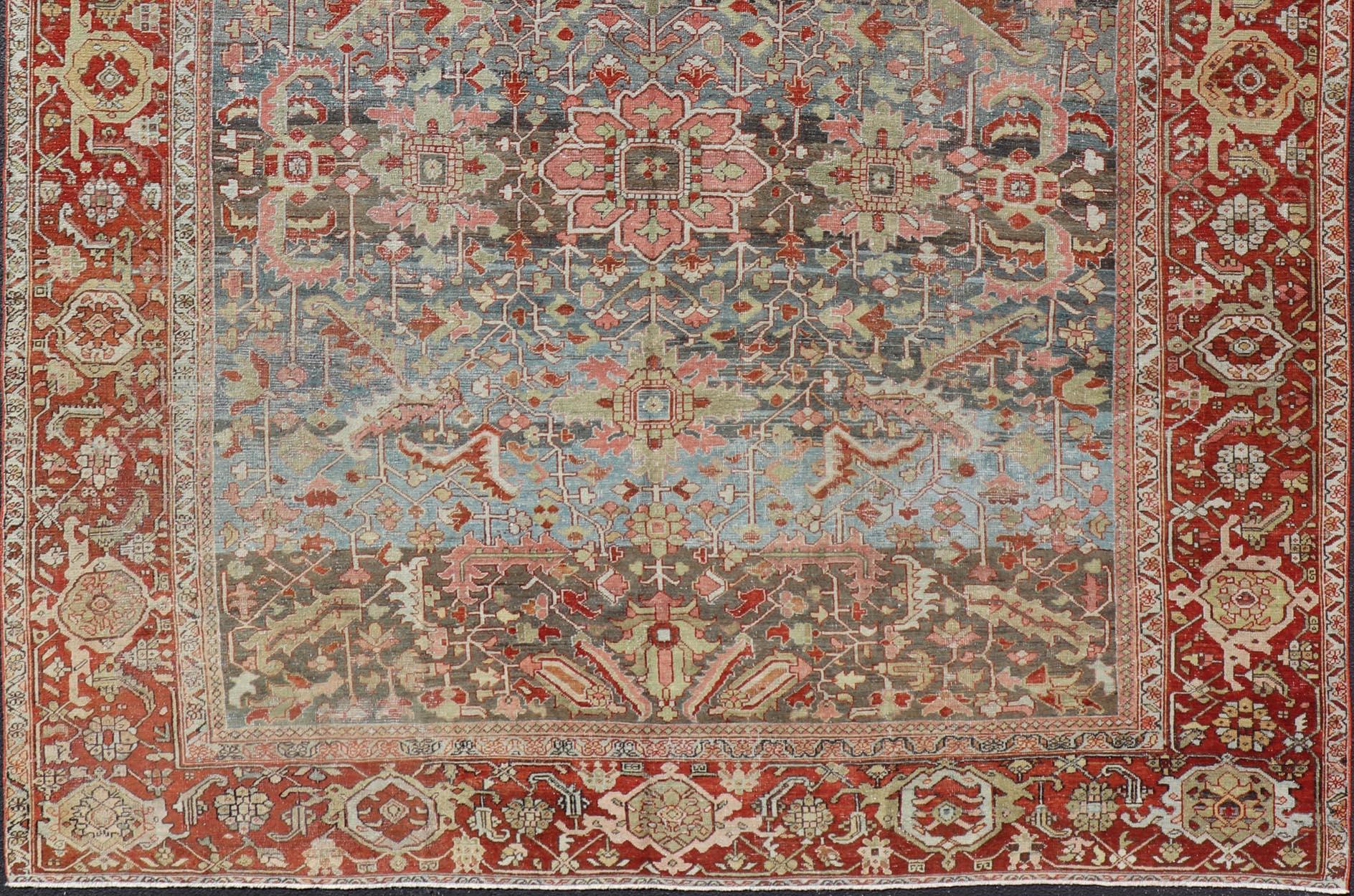 Persian Antique Serapi Rug with All-Over Geometric Design in Gray-Blue and Red  For Sale 6