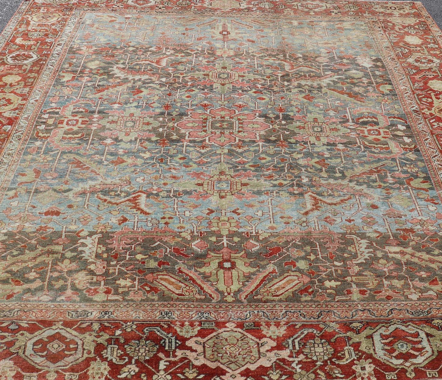 Persian Antique Serapi Rug with All-Over Geometric Design in Gray-Blue and Red  For Sale 7