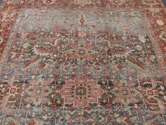 Persian Antique Serapi Rug with All-Over Geometric Design in Gray-Blue and Red