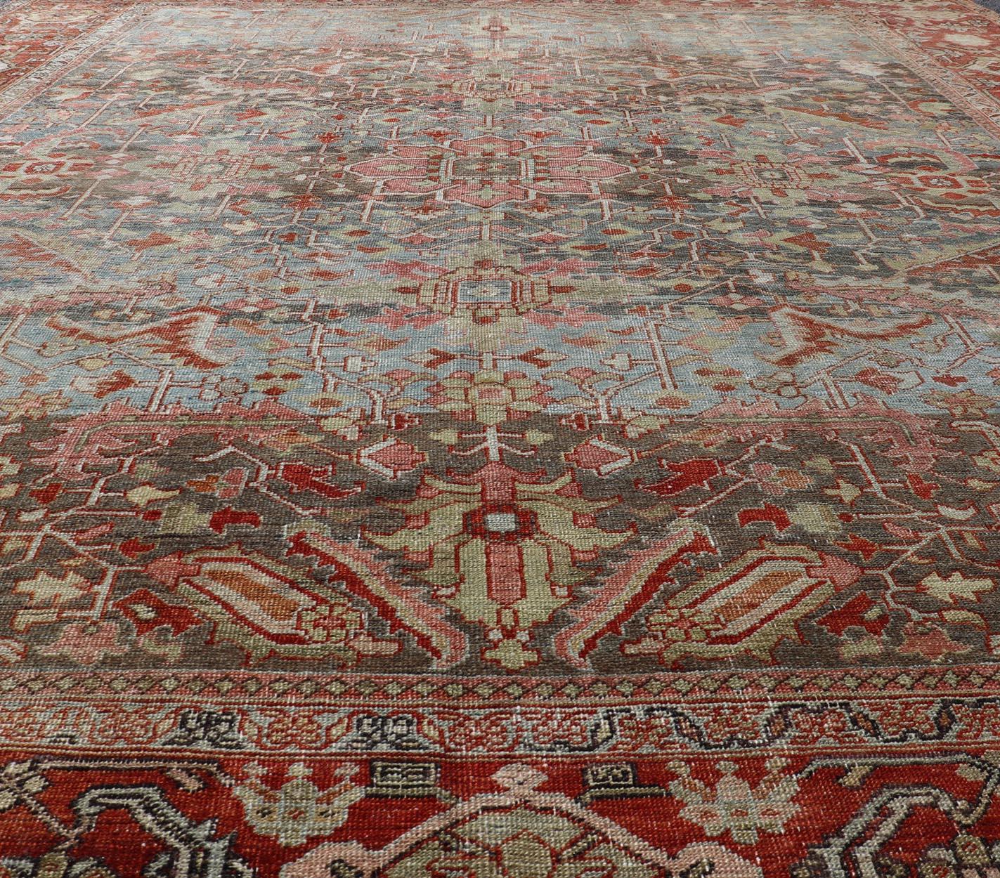 Hand-Knotted Persian Antique Serapi Rug with All-Over Geometric Design in Gray-Blue and Red  For Sale