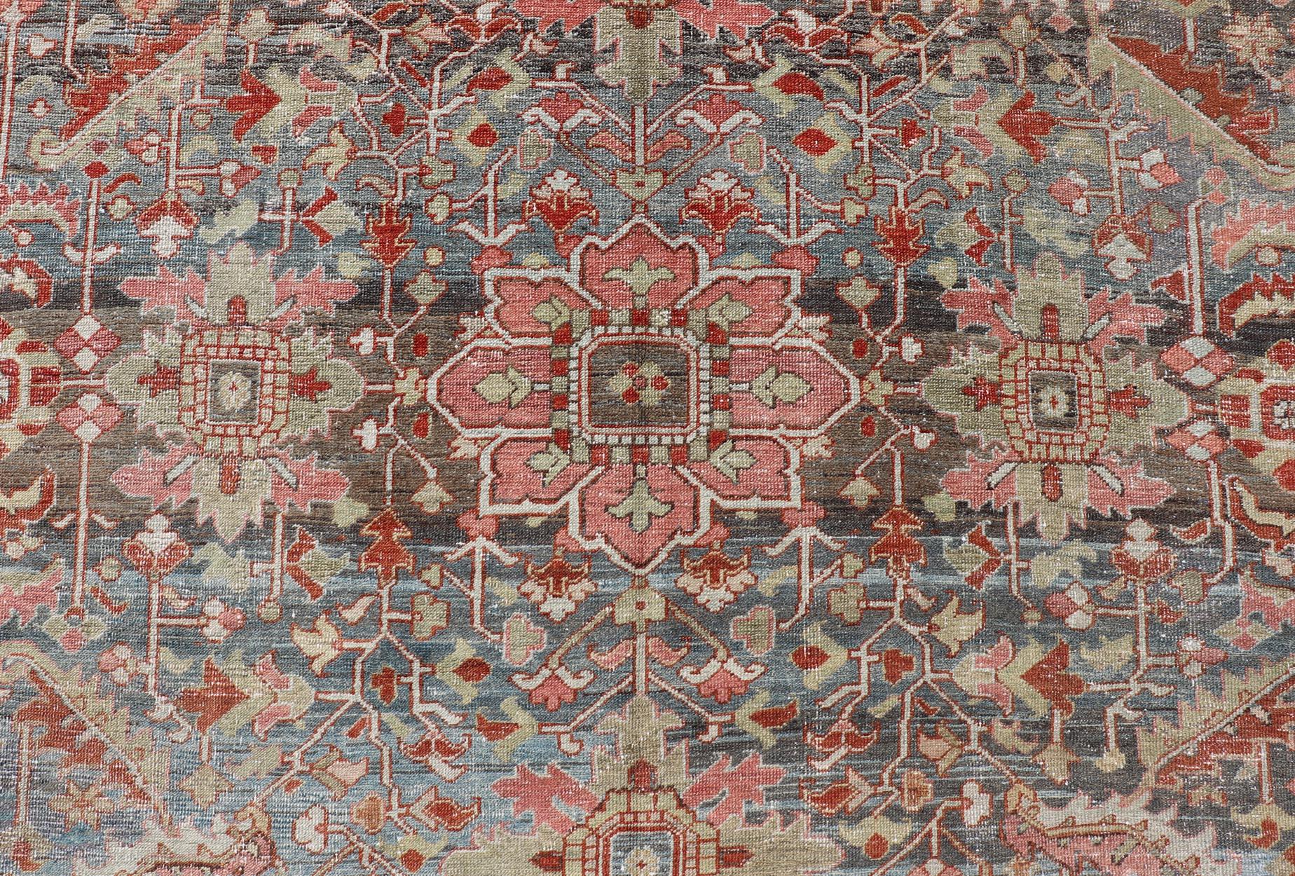 Persian Antique Serapi Rug with All-Over Geometric Design in Gray-Blue and Red  In Good Condition For Sale In Atlanta, GA