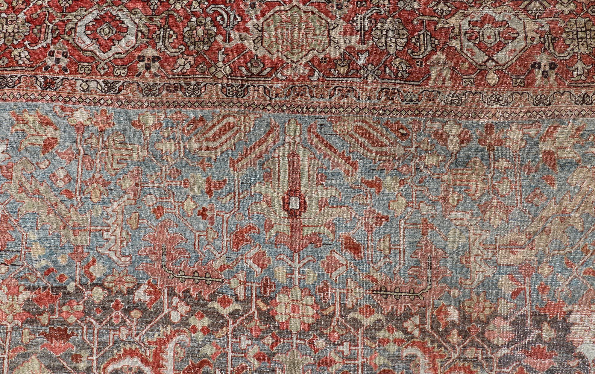 20th Century Persian Antique Serapi Rug with All-Over Geometric Design in Gray-Blue and Red  For Sale
