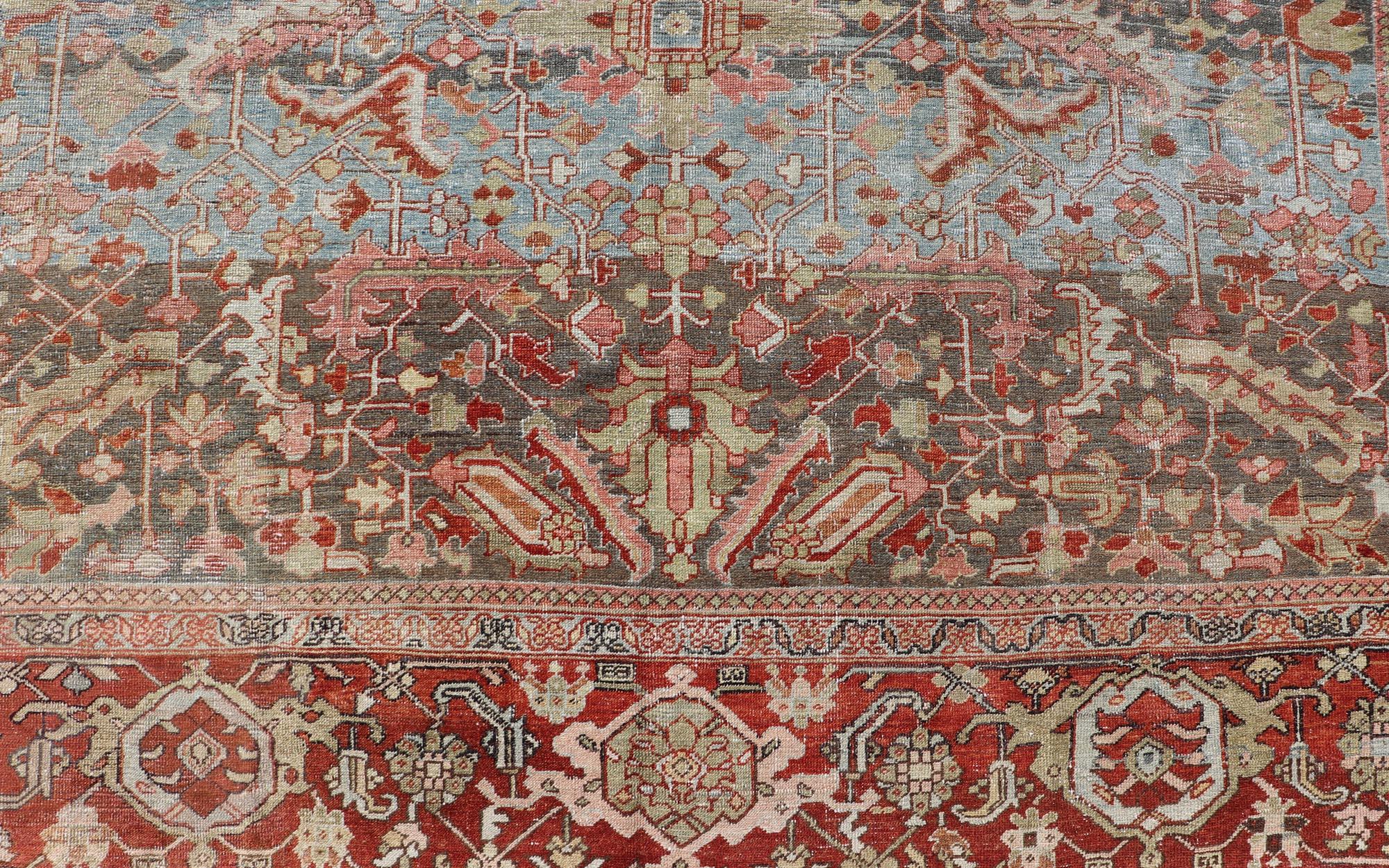 Persian Antique Serapi Rug with All-Over Geometric Design in Gray-Blue and Red  For Sale 2