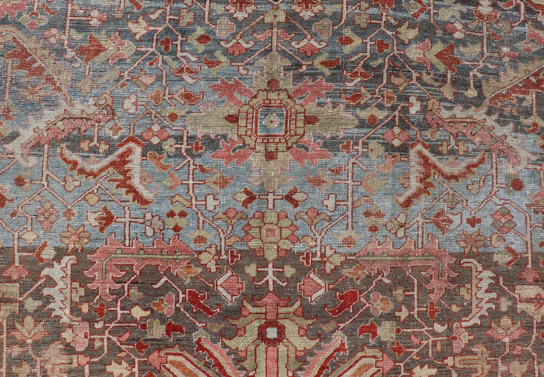Persian Antique Serapi Rug with All-Over Geometric Design in Gray-Blue and Red  For Sale 3