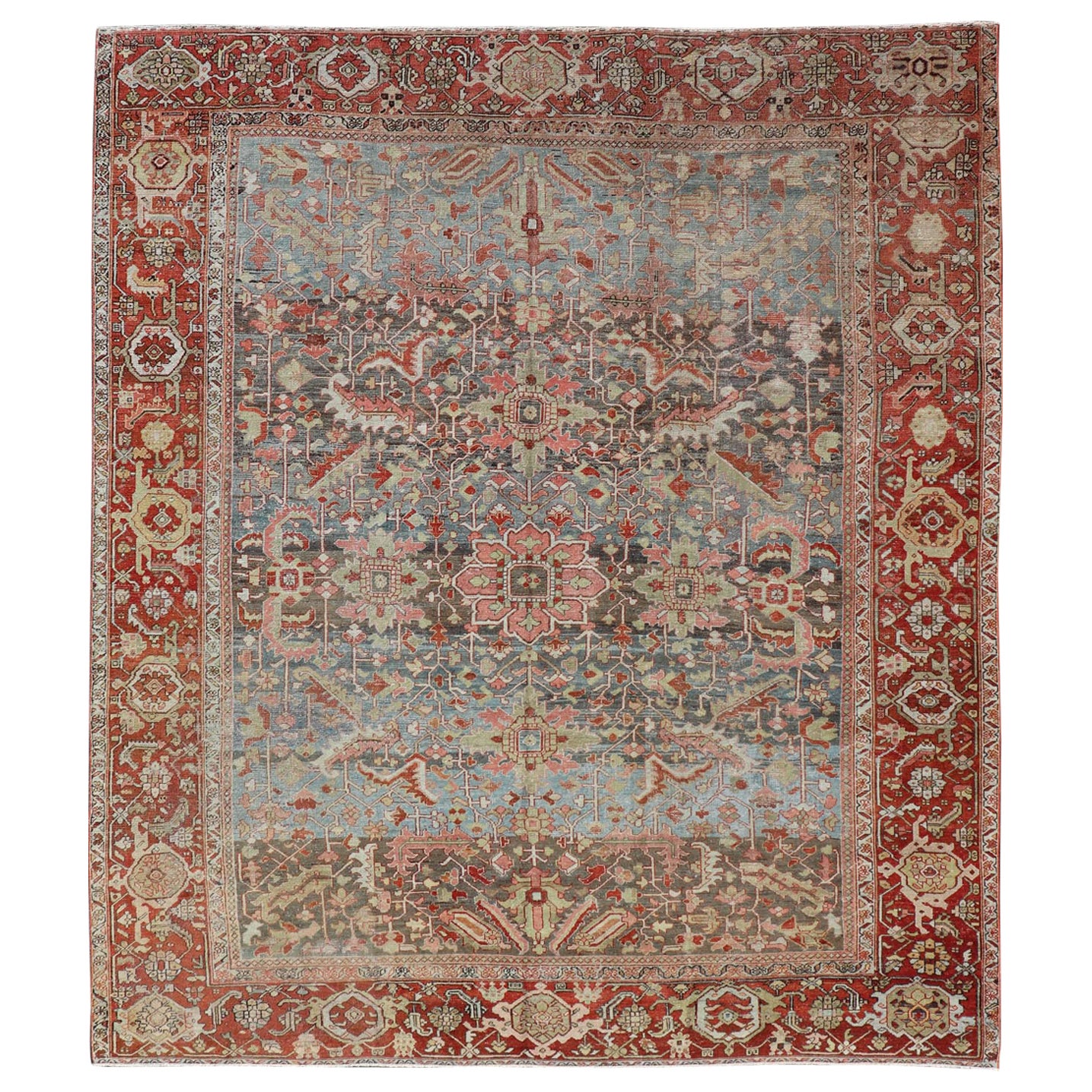 Tapis persan antique Serapi avec motif géométrique sur toute sa surface en gris-bleu et rouge