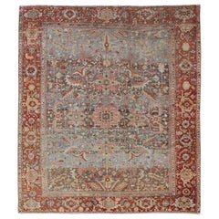 Persian Antique Serapi Rug with All-Over Geometric Design in Gray-Blue and Red