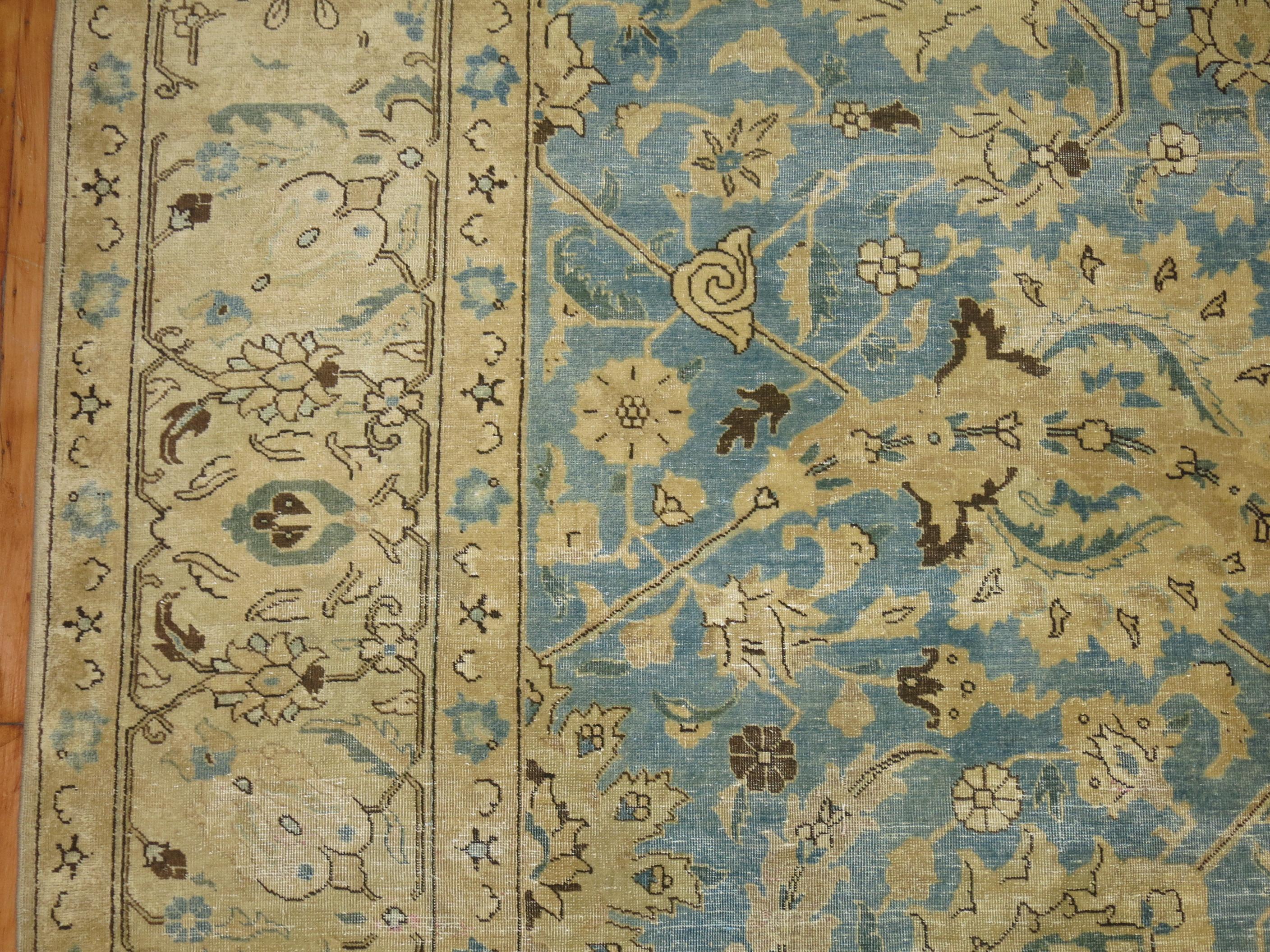 Hand-Woven Zabihi Collection Blue Gold Persian Antique Tabriz Rug For Sale