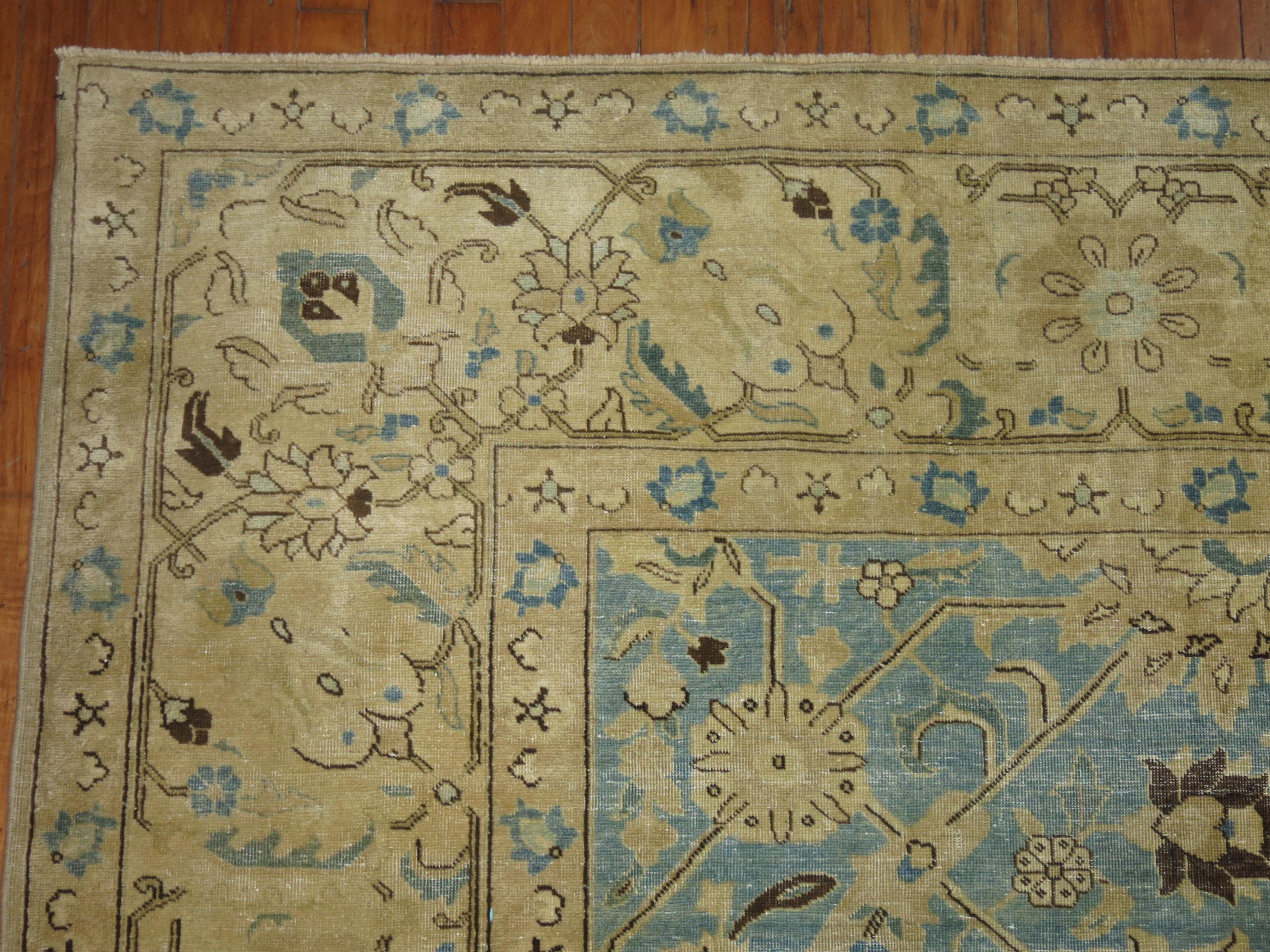 Zabihi Collection Blue Gold Persian Antique Tabriz Rug In Good Condition For Sale In New York, NY